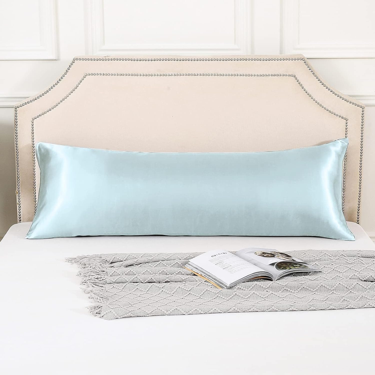 Huxmeyson Body Pillow with Satin Pillowcase, Body Pillow for Adults, Removable Cover, Ice Blue (20"x54") Blue