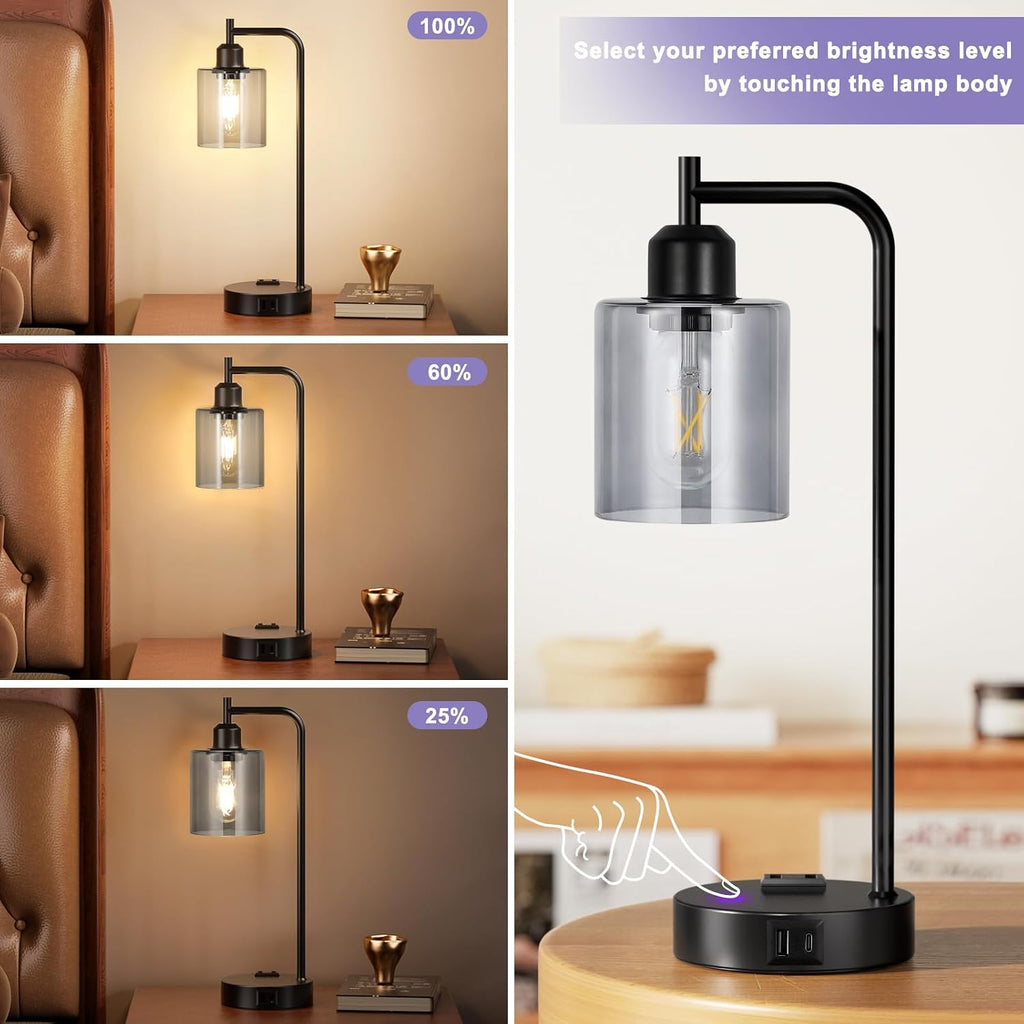 Innqoo Industrial Touch Bedroom Lamps for Bedrooms Set of 2-3-Way Dimmable Table Lamps with USB C+A Ports and Outlet, Bedside Lamps with…