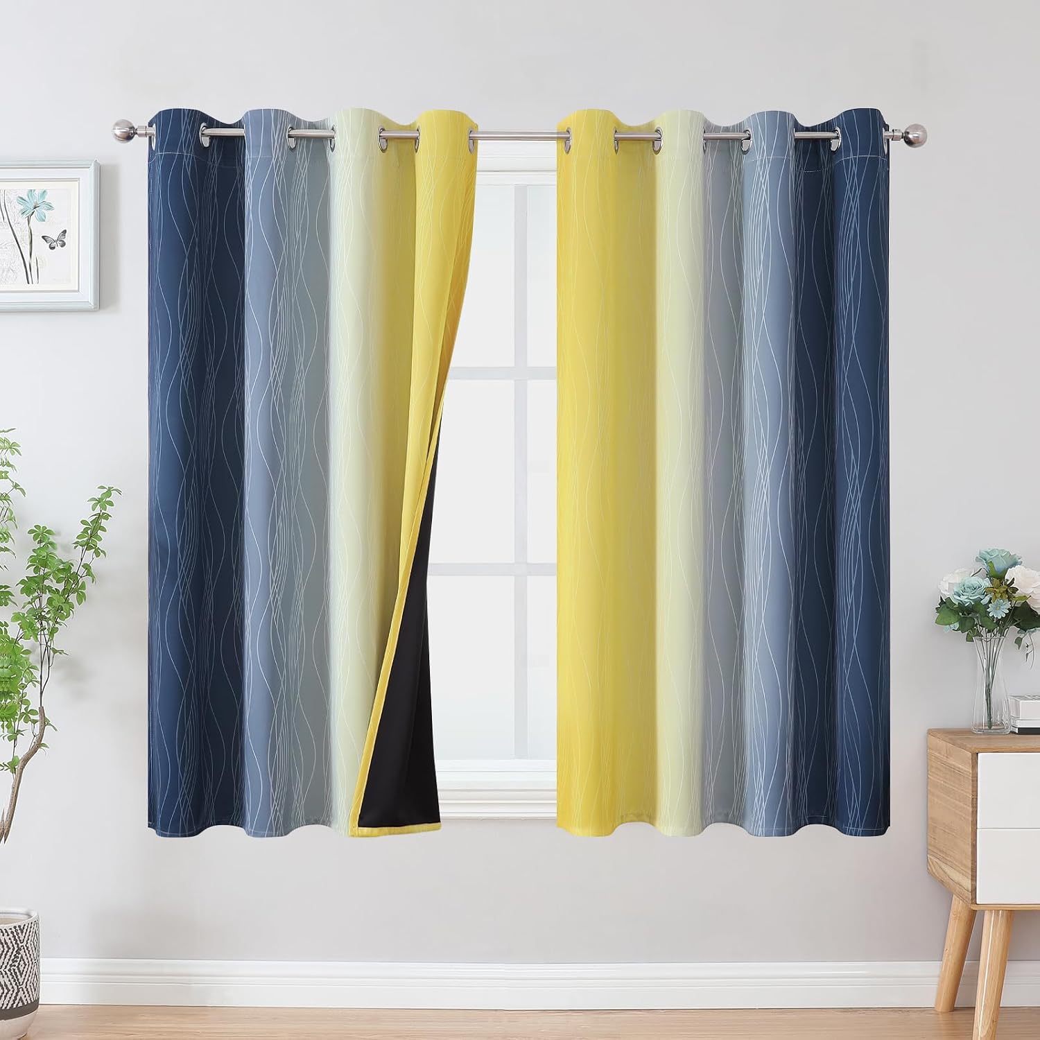 Estelartextiler Estelar Textiler Navy Blue and Yellow Blackout Curtains 54 Inch Length, Full Light Blocking Gradient Grommet Drapes for Liv…