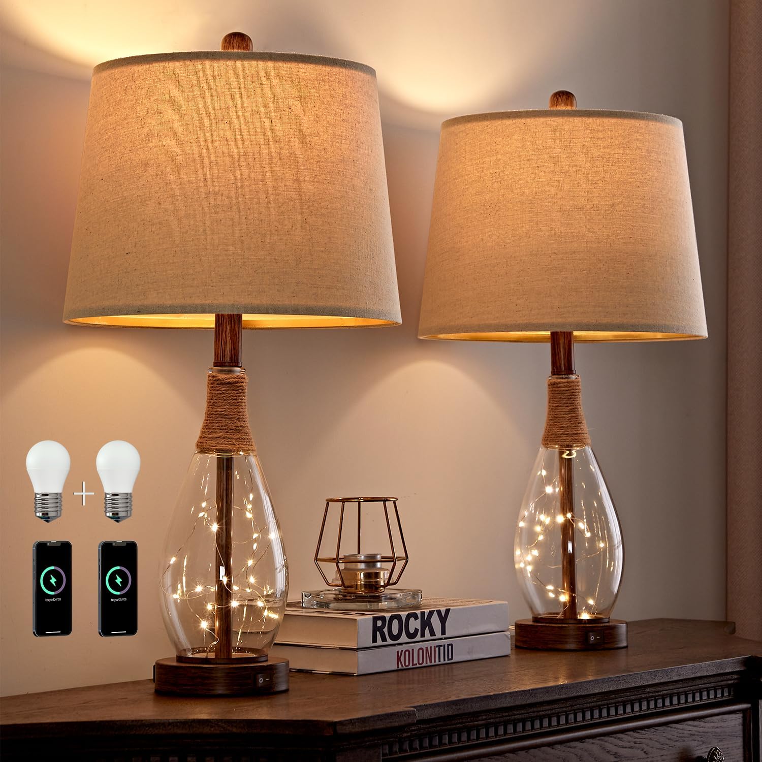 OYEARS Bedside Table Lamps Set of 2 with USB, Modern Bedside Lamps Retro Farmhouse Rattan Glass Nightstand Nightlight Lamps for Bedroom…