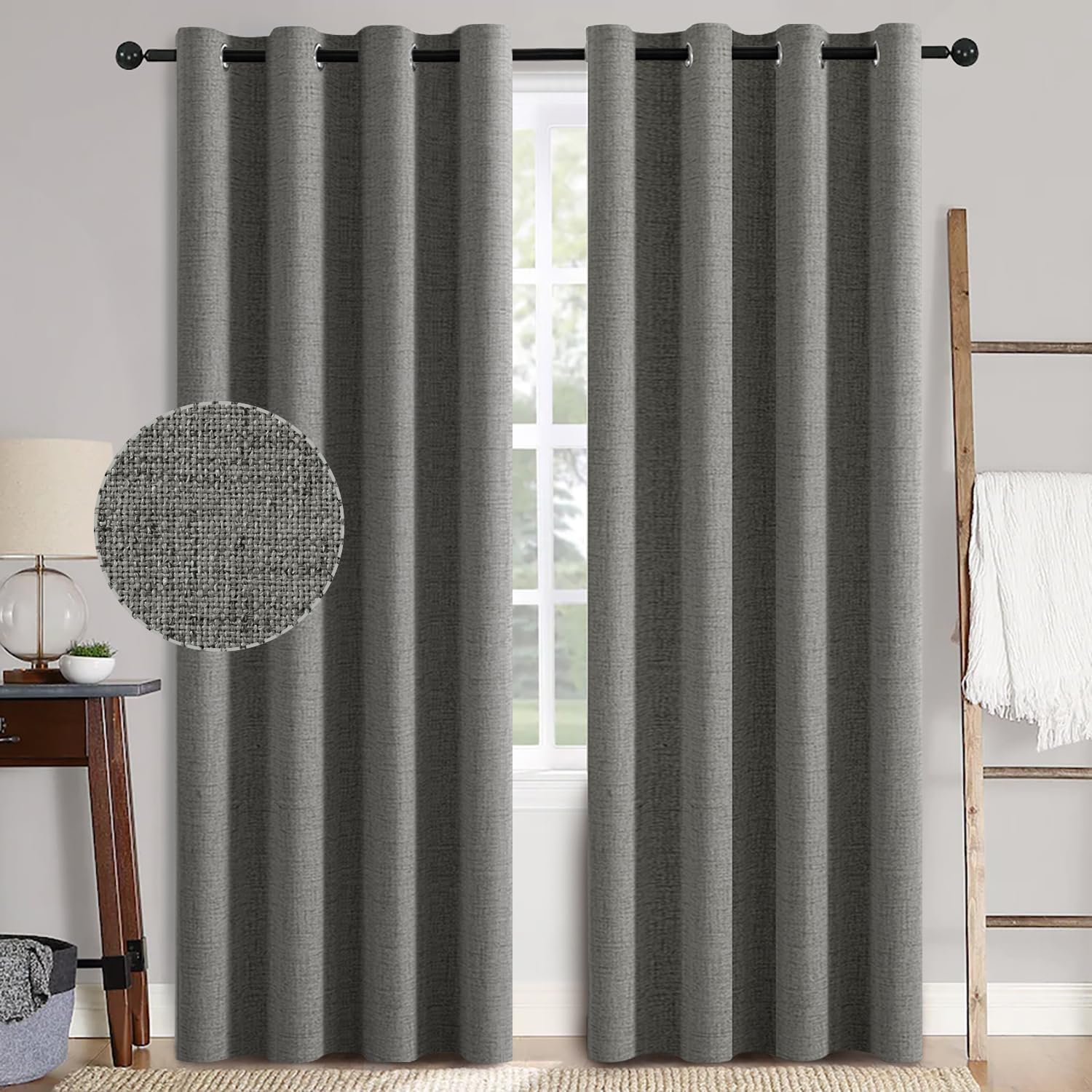 Miulee Linen Texture Curtains for Bedroom Solid 100% Blackout Thermal Insulated Dark Grey Curtains Grommet Room Darkening Drapes Luxury Dec…