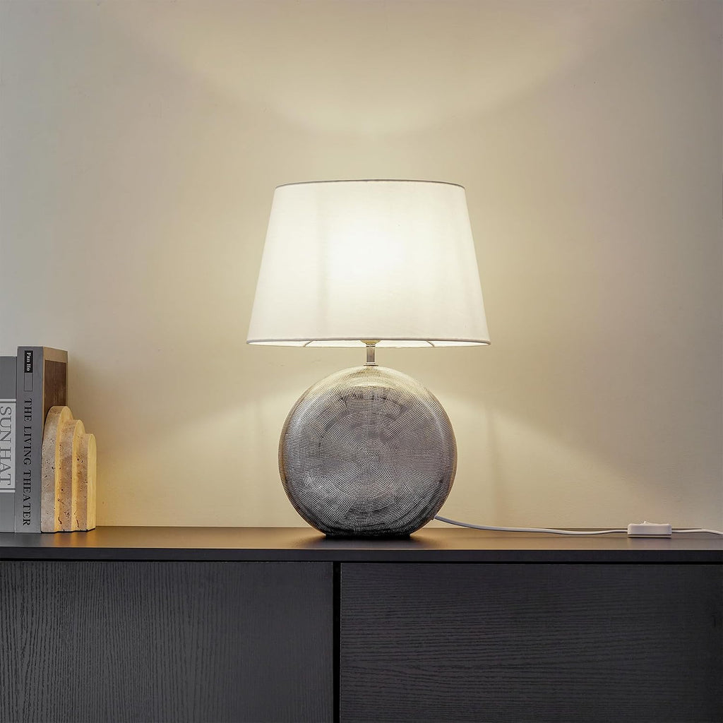19" Modern Ceramic Table Lamp, Silver Jar-Style Base with White Fabric Shade, Elegant Bedside Lamp for Nightstand or Living Room, E26…