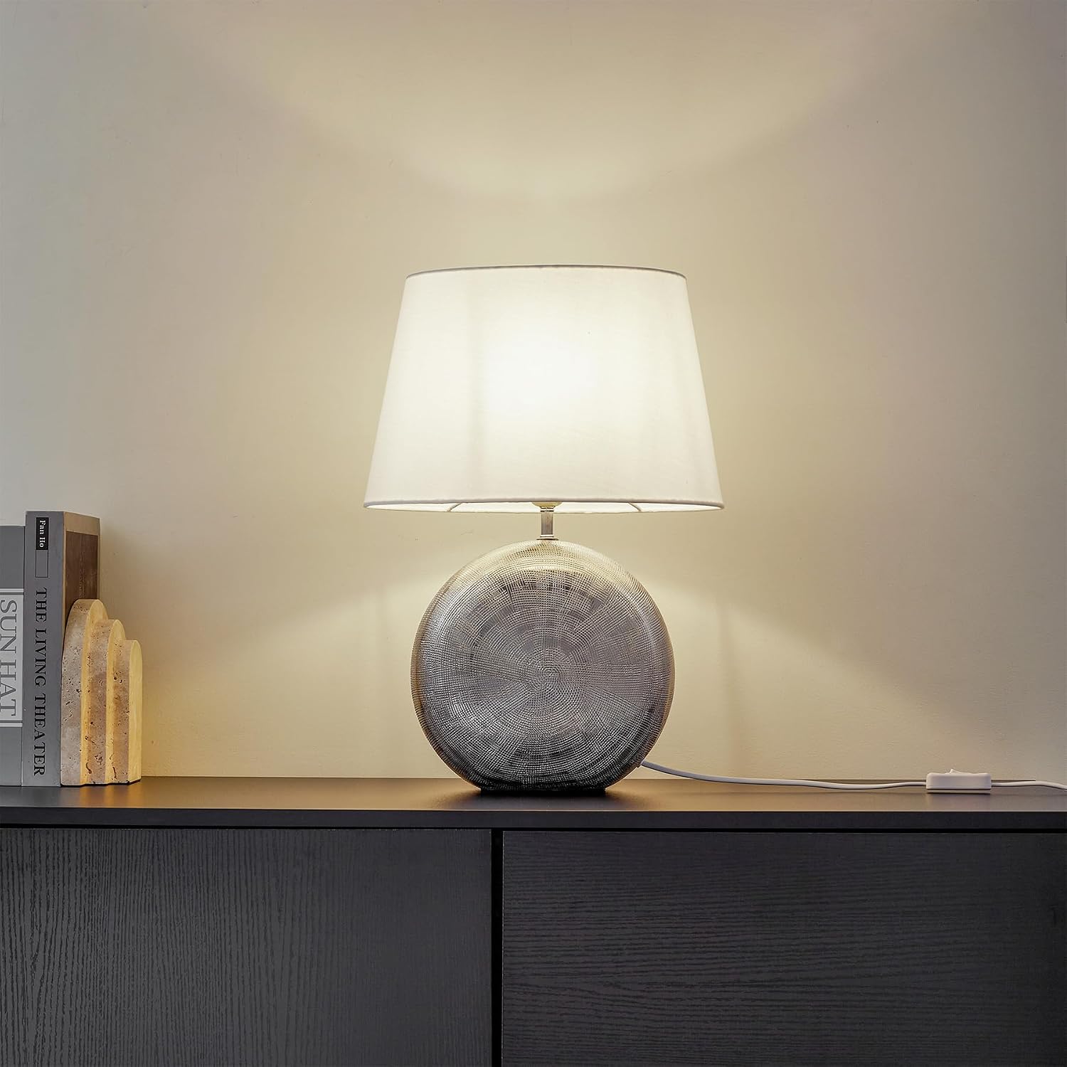 19" Modern Ceramic Table Lamp, Silver Jar-Style Base with White Fabric Shade, Elegant Bedside Lamp for Nightstand or Living Room, E26…