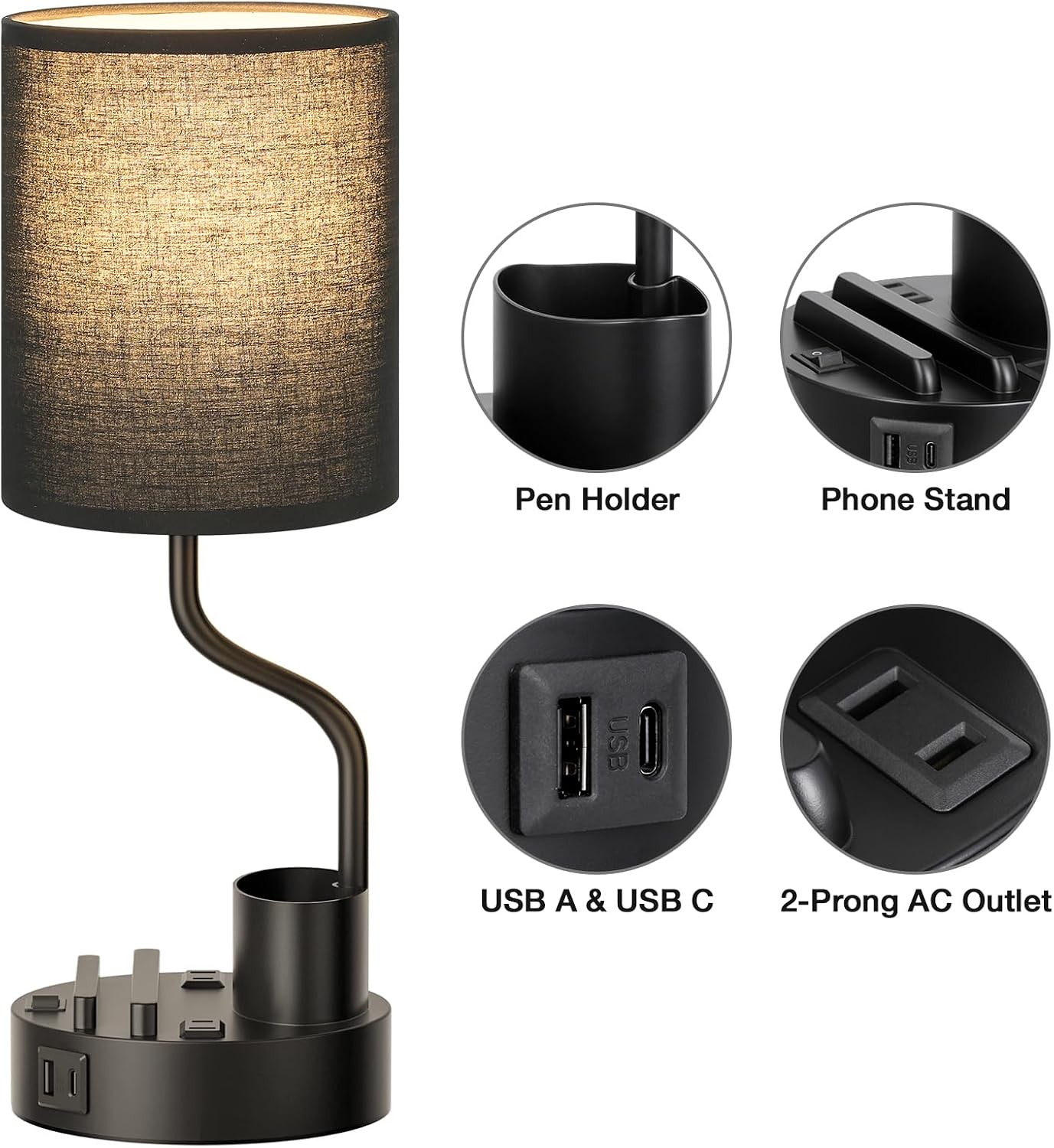 Black Bedside Table Lamps for Bedroom Set of 2 - Nightstand Light with AC Outlet and USB A & C for Charging, 3 Color Temperatures Desk…