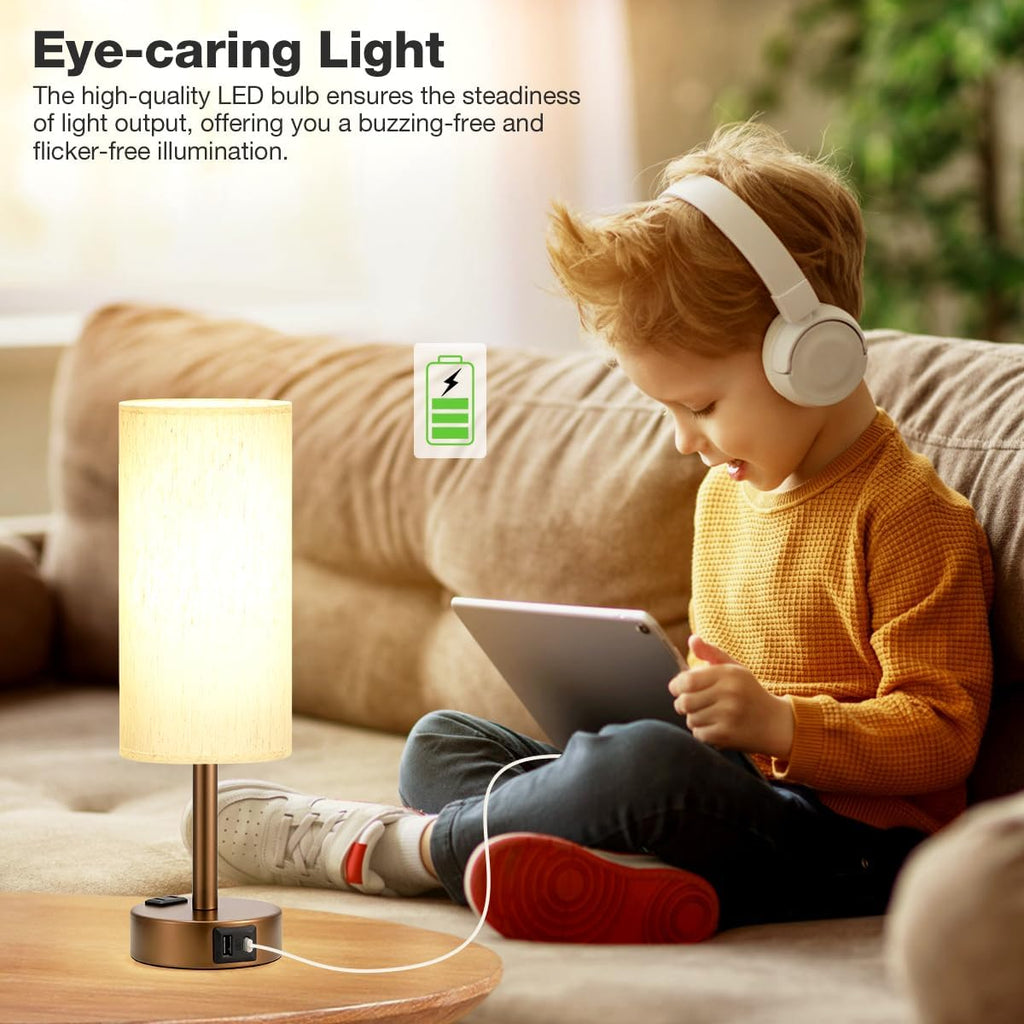 Fenmzee Brown Bedside Table Lamp for Bedroom - 3 Way Dimmable Touch Lamp USB C Charging Ports and AC Outlet, Small Lamp Round Flaxen…