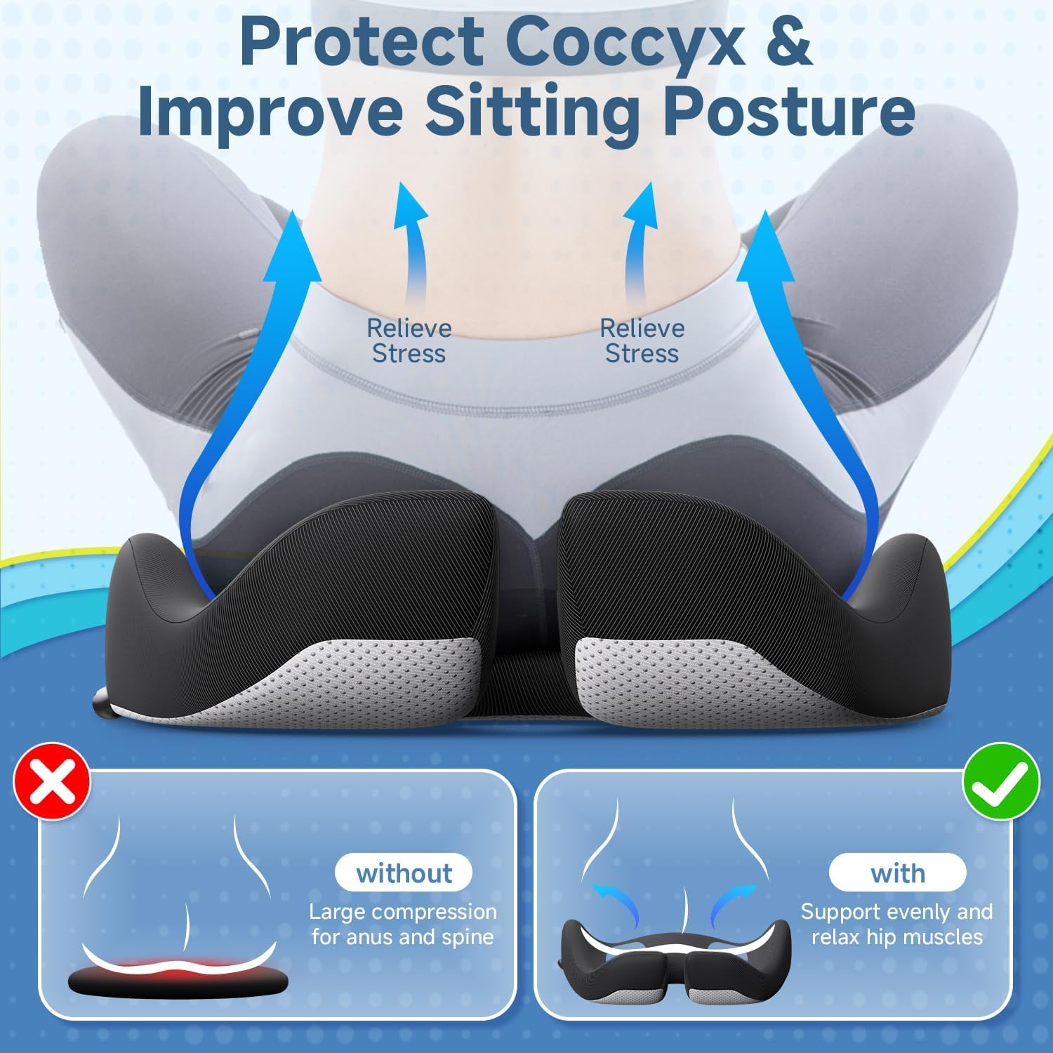 Benazcap Large Cooling Gel Seat Cushion for Office Chair Ergonomic Cushions-Gel & Memory Foam Coccyx Butt Pillow for Sciatica & Back for Lo…