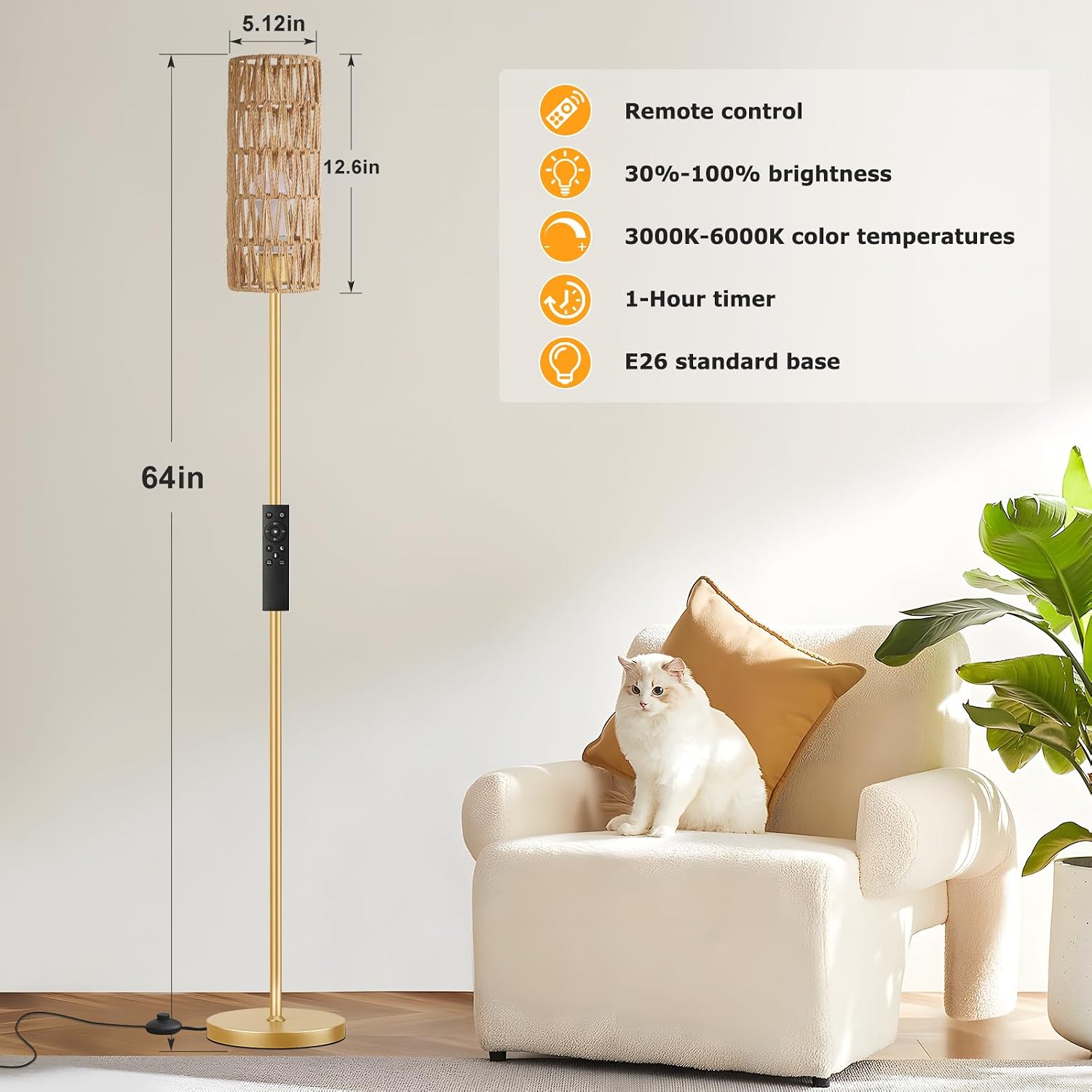 Ambimall 64'' Floor Lamps for Living Room with Remote Control and Stepless Dimmable Colors Temperature & Brightness, Boho Gold Standing…