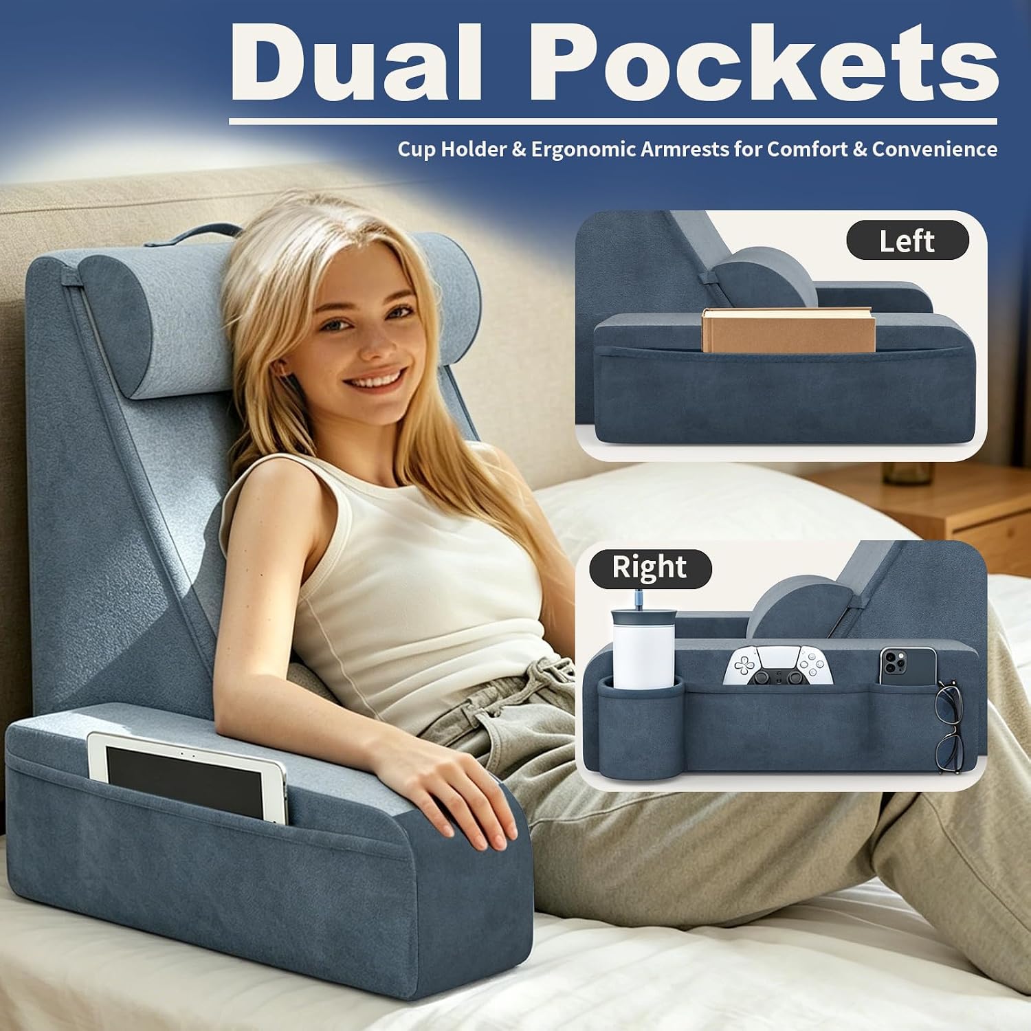 Reading Pillow, Back Pillow for Bed with Adjustable Headrest & Independent Lumbar Support, Detachable Armrest Sit Up Pillow for Bed, Dual…