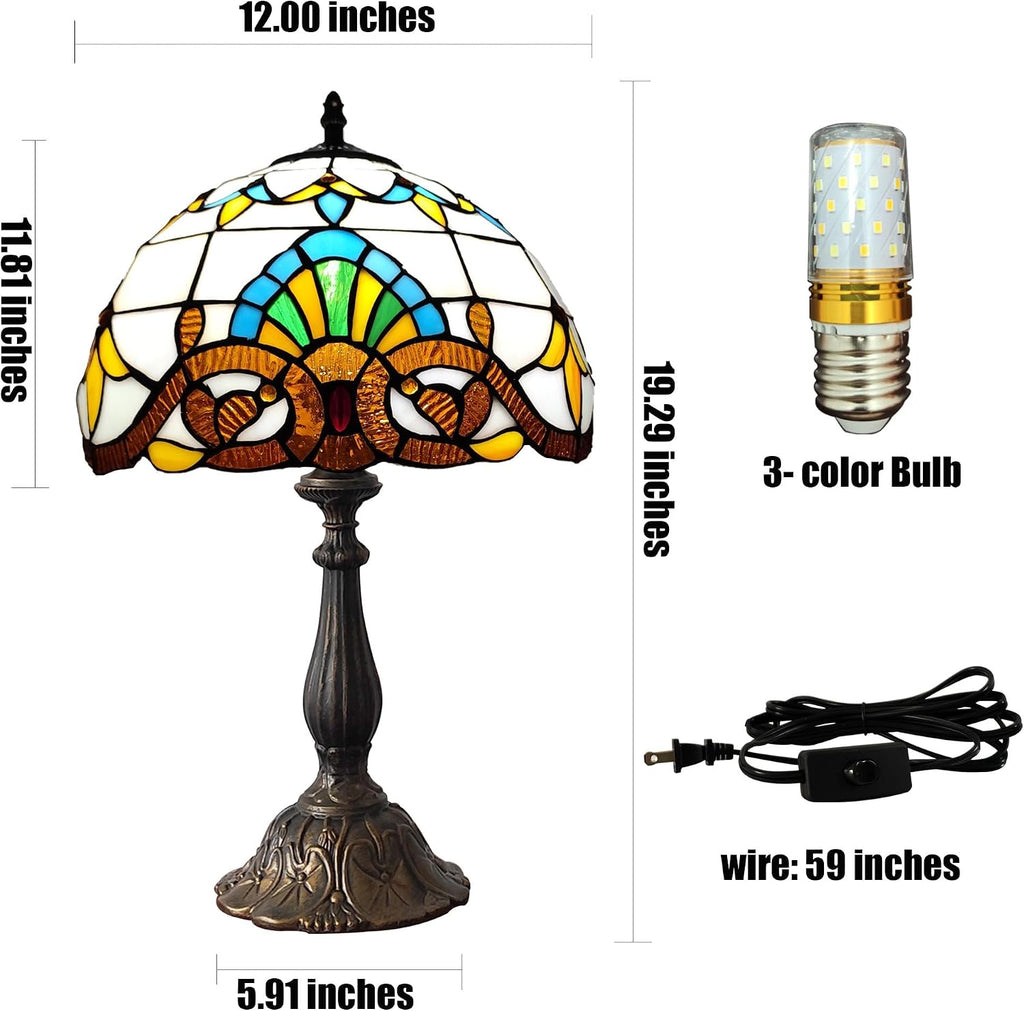 Tiffany Table Lamp 12X12X19 Inch Yellow Baroque Style Stained Glass Lamp Antique Bedside Desk Reading Light for Bedroom Living Room Home…