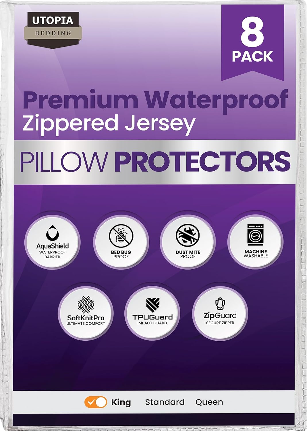 Utopiabedding Set of 8 Pillow Protectors with Zipper King Size, Bed Bug and Dust Mite Proof Pillow Covers, Ultra Soft Pillow Encasements, M…