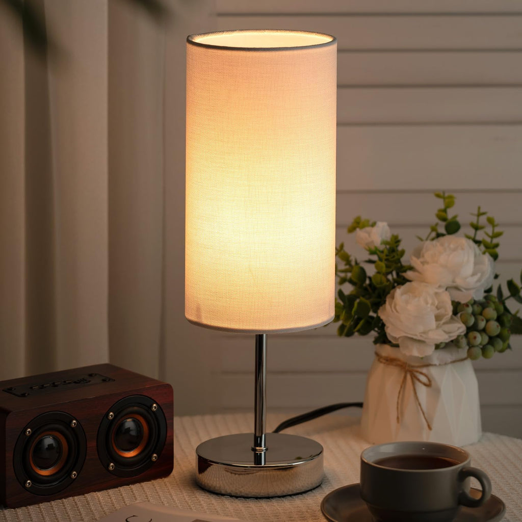 Small Table Lamp for Bedroom Nightstand, Round White Fabric Shade and Silver Metal Base, Modern Minimalist Bedside Lamps for Dresser, End…