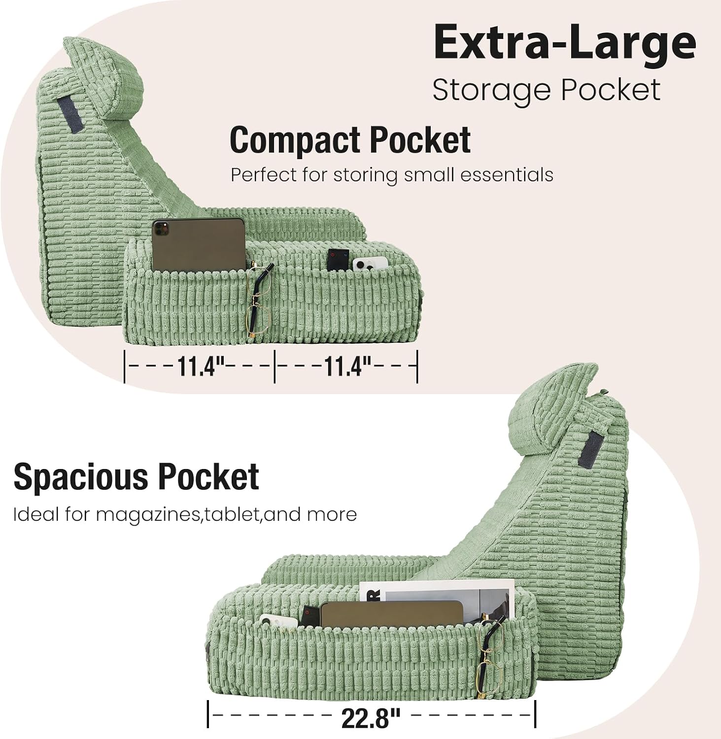 21" Reading Pillow for Bed Sitting Up, Back Support Pillow with Built-in Arms & Large Pockets, Washable Cover, Sage Green