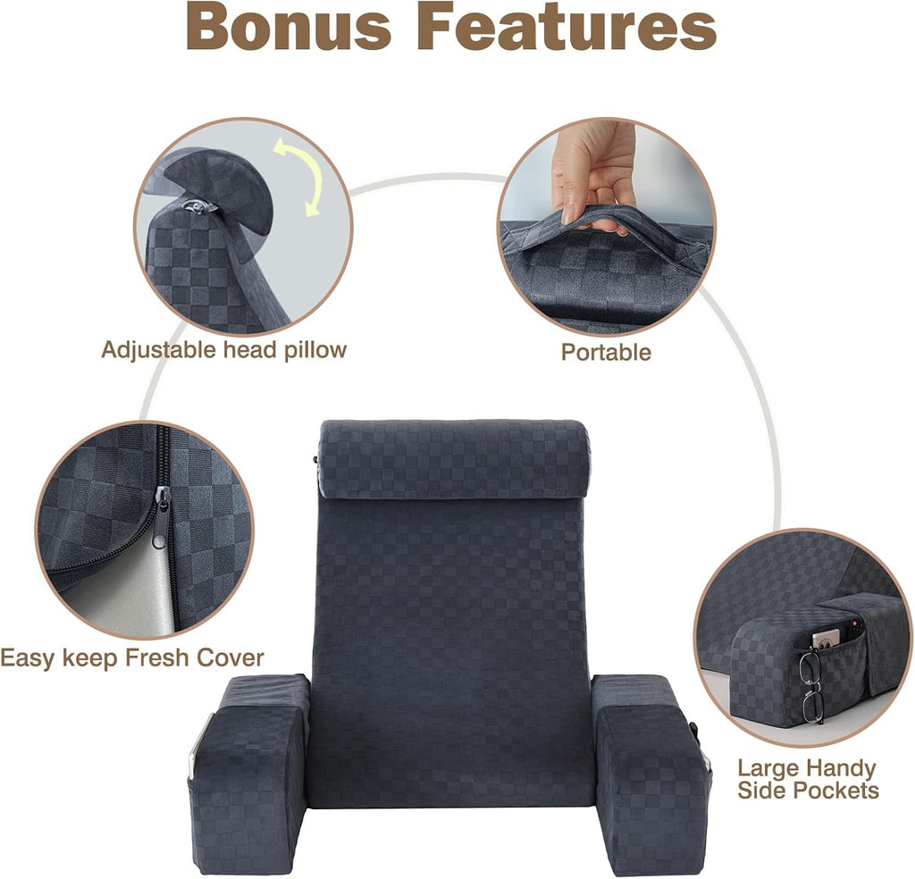 Vekkia 21" Large Reading Pillow with Adjustable Arms & Headrest – Wide Backrest Cushion for Adults with Extra-Large Pockets for Reading…