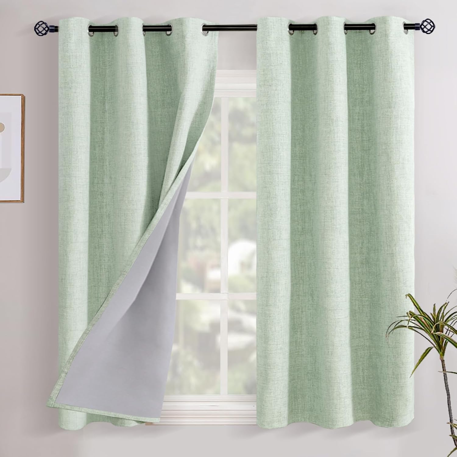 YoungsTex Light Sage Green Linen Blackout Curtains 48 inch Length for Bedroom, Short Thermal Insulated Black Out Drapes with Grommet for Li…