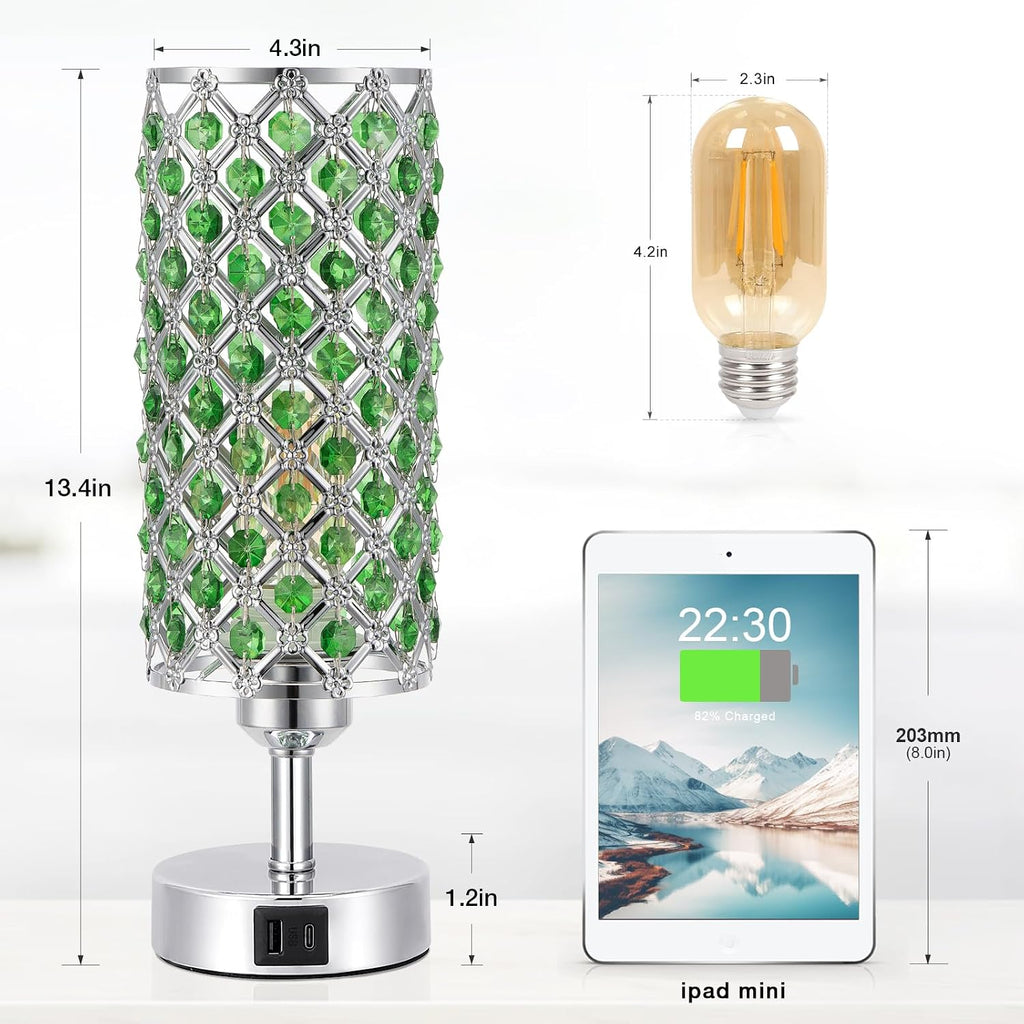 Hong-in Green Crystal Table Lamp - 3-Way Dimmable Touch Control, Bedside Lamp with USB C and A Ports, Nightstand Light for Living Room…