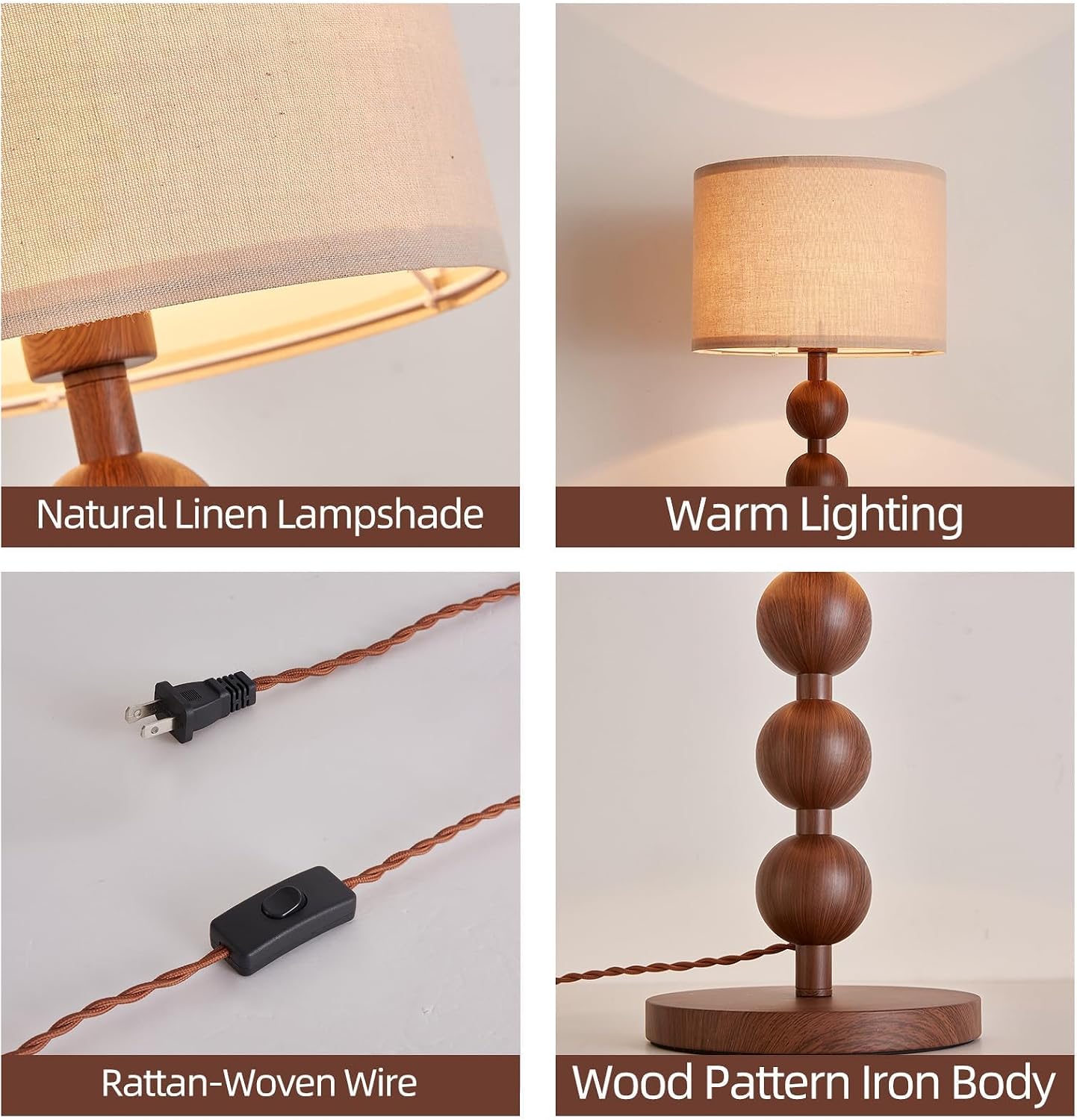 2 Pack Bedside Nightstand Table Lamp for Bedroom, Red Wood Pattern Iron Desk Lamp with Fabric Shade, Mid Century Modern Farmhouse Lamps…