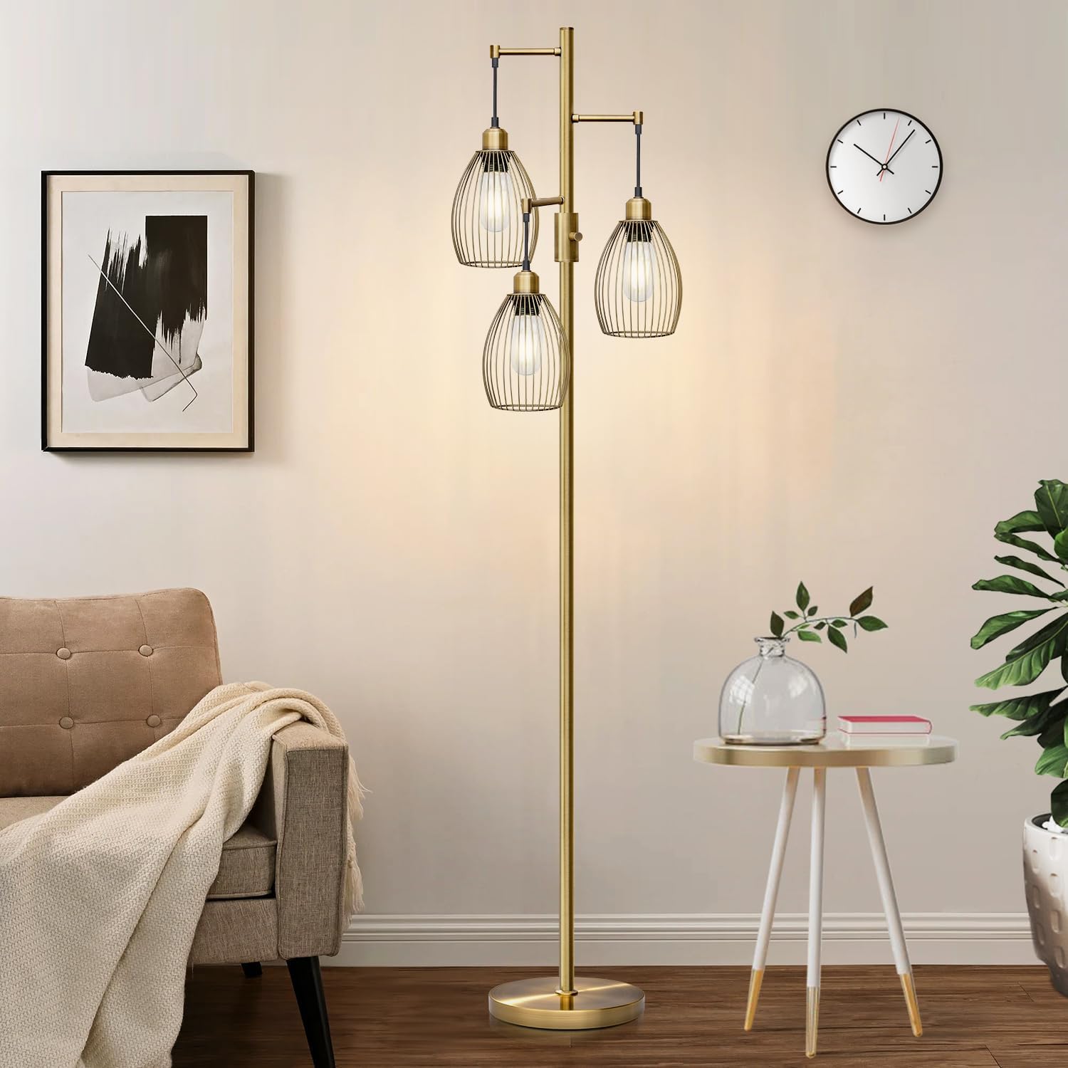 Dimmable Floor Lamp, 3 x 800LM LED Edison Bulbs Included, Farmhouse Industrial Floor Lamp Standing Tree Lamp with Elegant Teardrop Cage…