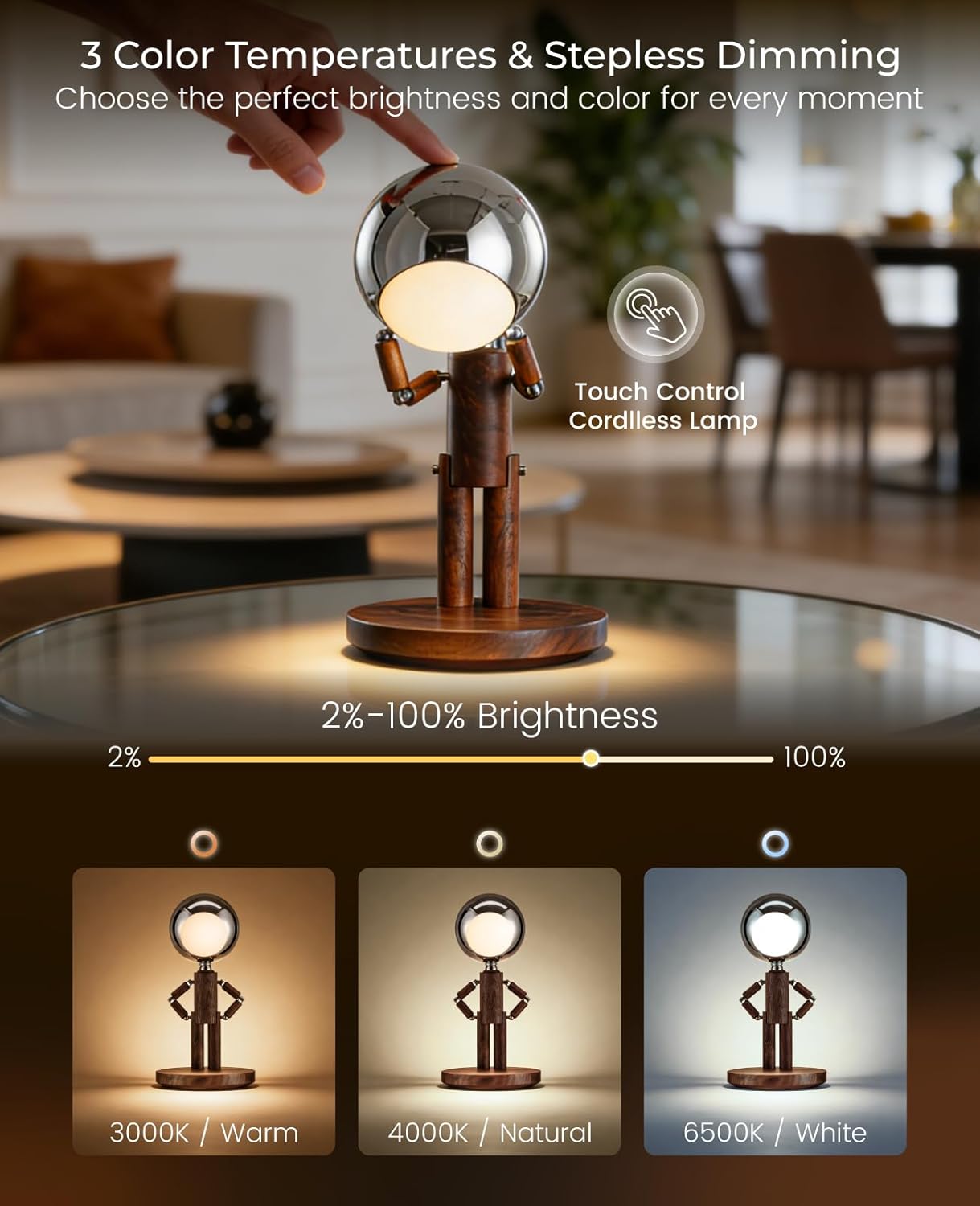 Cordless Table Lamp, Rechargeable Wooden Desk Lamp with Touch Control & Stepless Dimming, 3 Color Temperatures, Bedside Lamp for Bedroom…