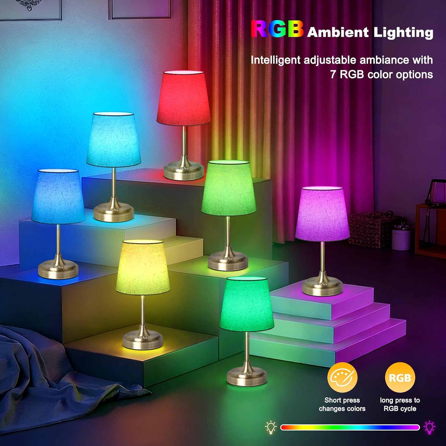 Wowag Small Cordless Table Lamp Rechargeable,5000mAh Battery Operated Desk Lamp,3 Colors & 7 RGB Stepless Dimmable, Touch Ambient Light…