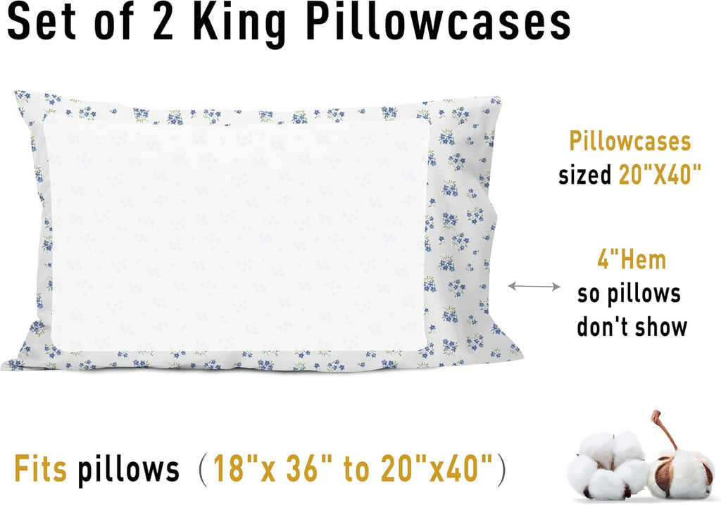 Sunflower King Pillowcases Set of 2, 100% Cotton King Size Pillow Cases 2, 20×40 inches Blue Posy, Soft and Breathable