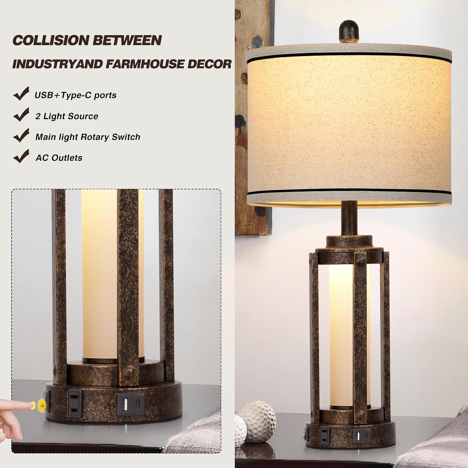 Farmhouse Industrial Lamp with USB A+C Charging Ports & AC Outlet, 26" Vintage Rustic Retro Table Lamp with Glass LED Night Light & Linen…