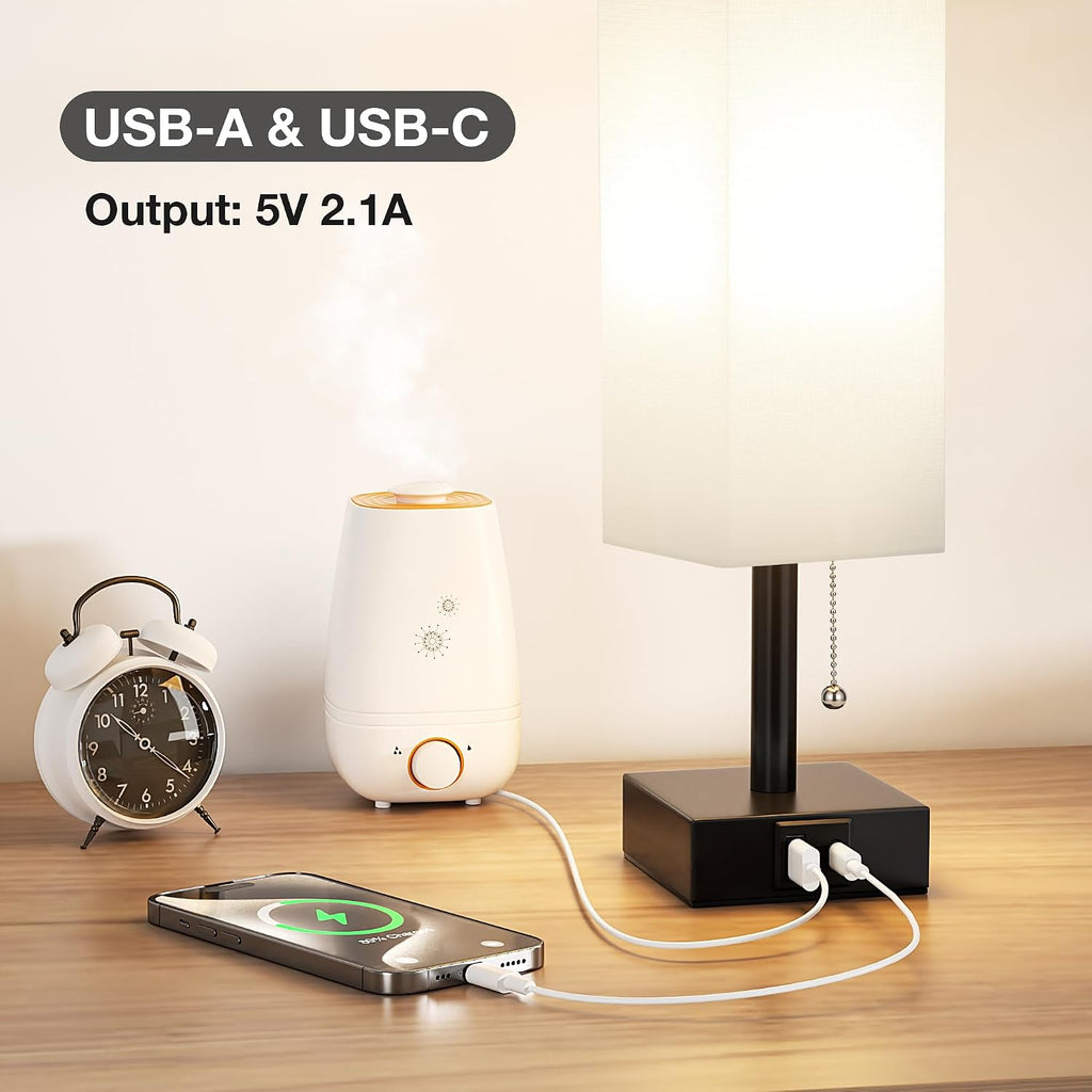Aooshine White Small Table Lamp for Bedroom - 3 Color Temperature 3000K 5000K 4000K Bedside Lamp, Pull Chain Control, USB A and C Charging…