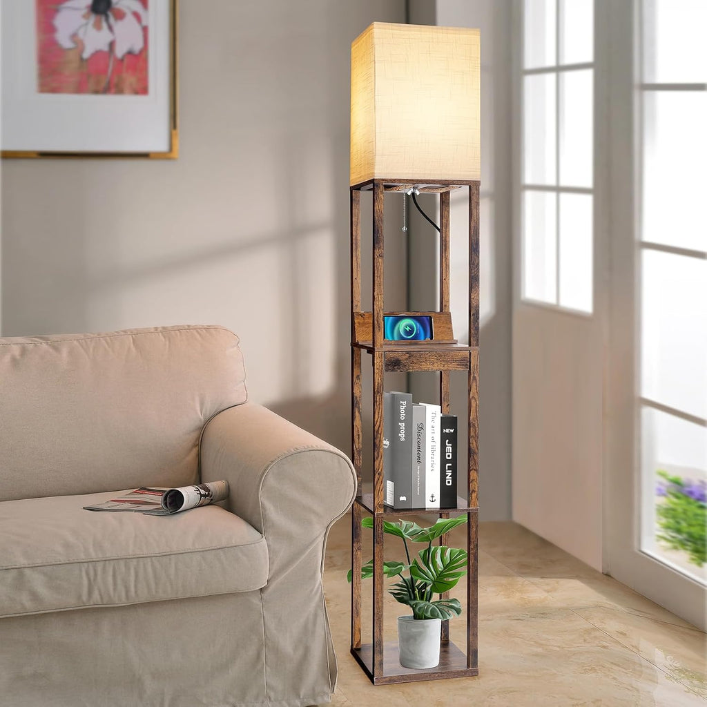 RUNTOP Floor Lamp with Shelves, Shelf Floor Lamp with Wireless Charger & 2 Charging USB Ports & Drawer, AC Outlet, 3 Color Temperature…