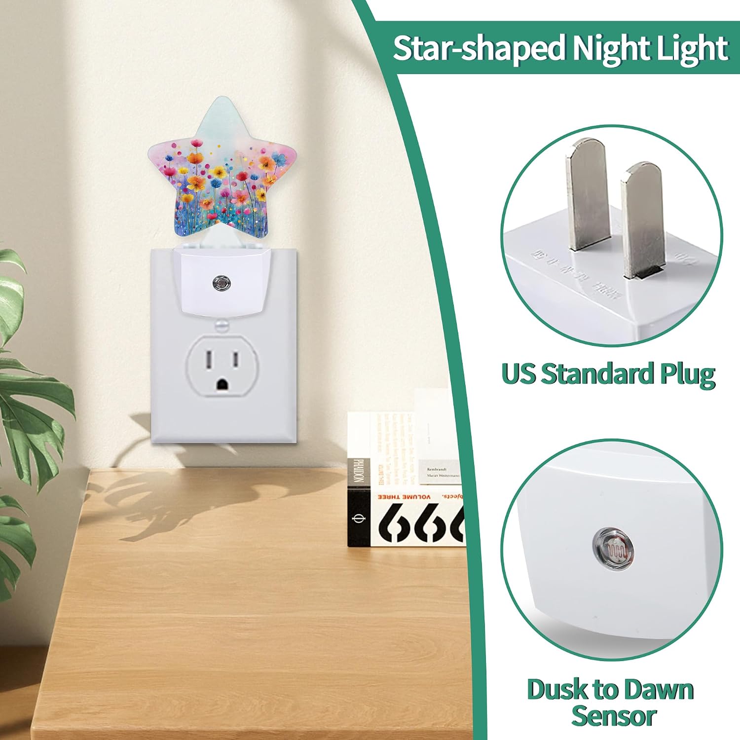 Watercolor Floral Star Night Light Plug in, Decorative Night Light for Kids Room Nursery Bedroom, Soft Glow Sensor Lamp for Hallway…