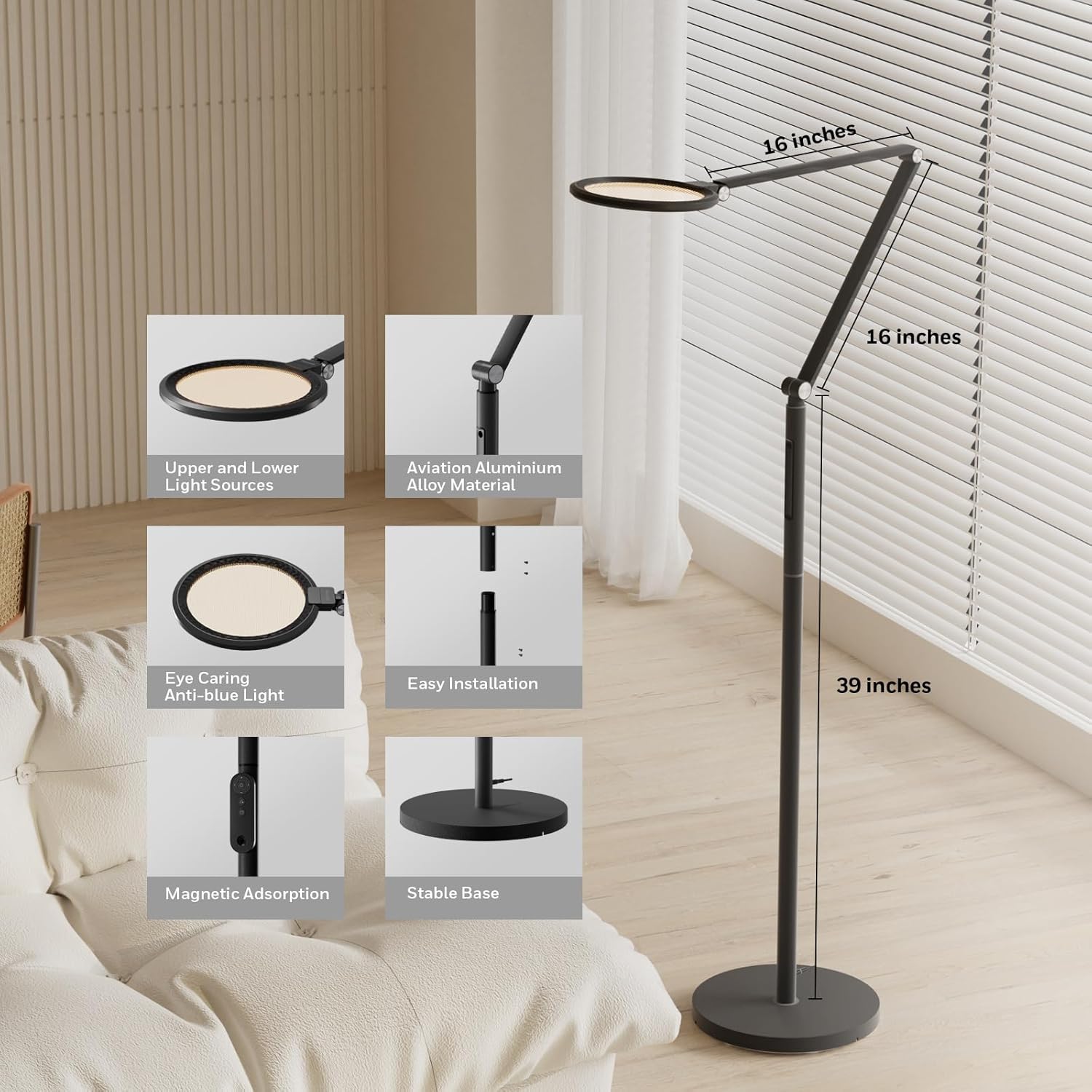 Honeywell LED Floor Lamp - F01BK SunturaluxTM Eye Caring Dimmable Standing Light with Remote, Bright Natural Daylight 5 Colors & 5…