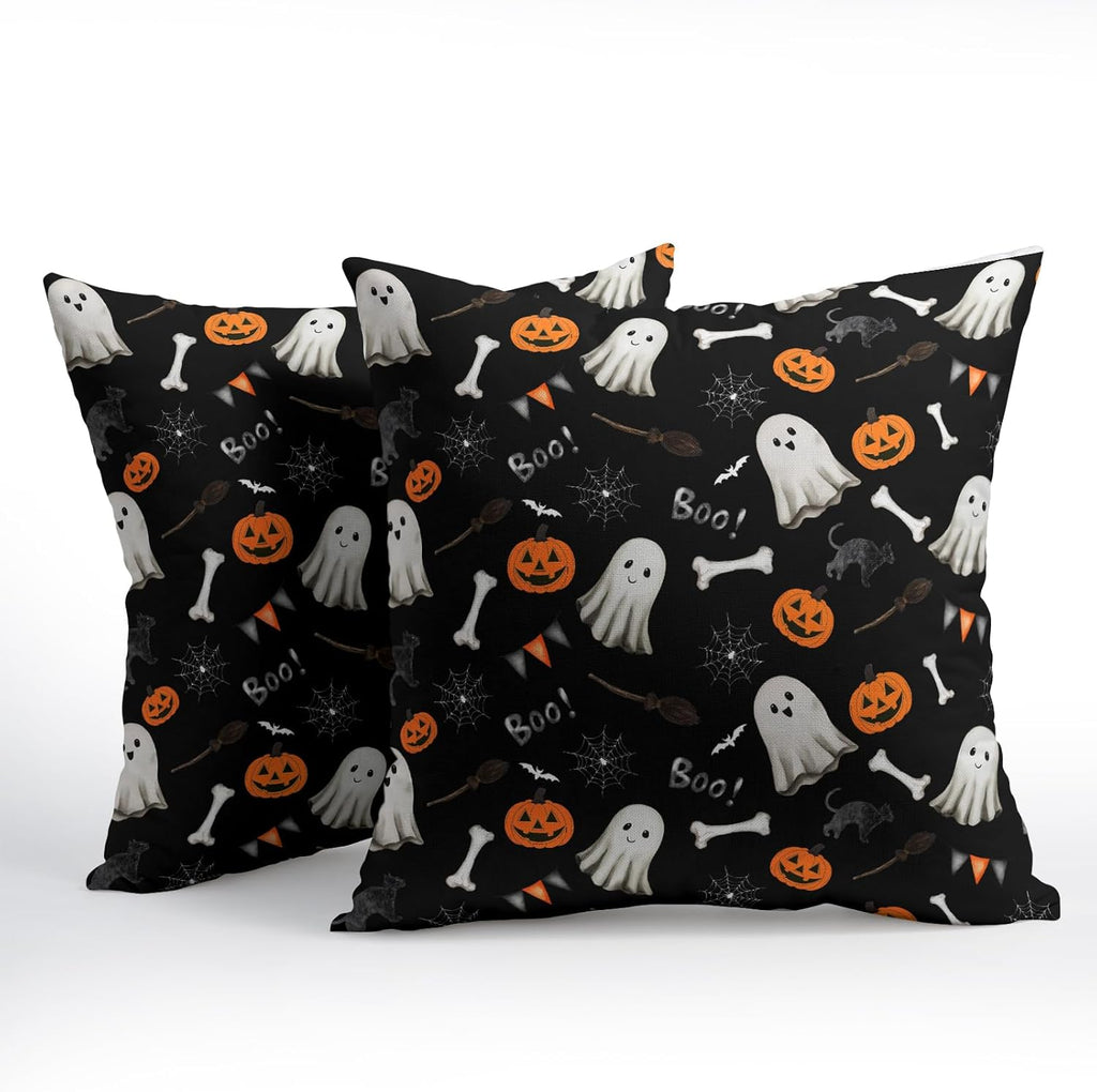 Halloween Throw Pillow Covers 20X20 Inch 2 Packs Boo Cute Ghost Orange Pumpkins Bat Web Decorative Black Pillow Cases Holiday Cotton…