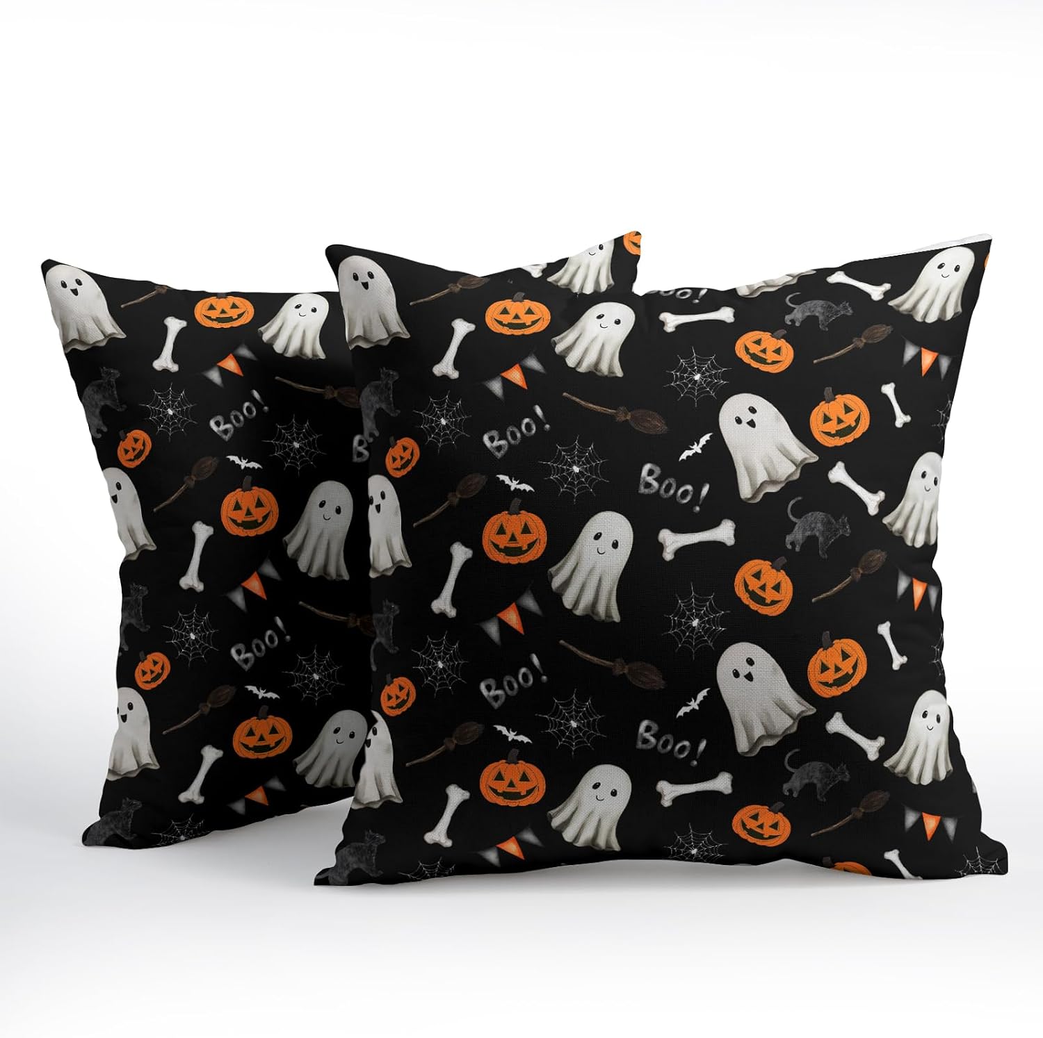 Halloween Throw Pillow Covers 20X20 Inch 2 Packs Boo Cute Ghost Orange Pumpkins Bat Web Decorative Black Pillow Cases Holiday Cotton…