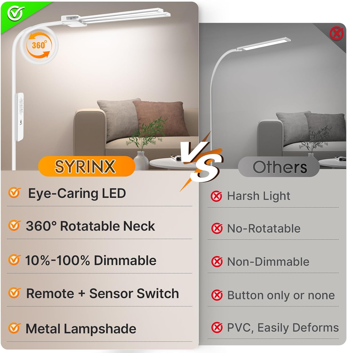 Syrinx LED Floor Lamp, 18W 2000LM Bright Reading Floor Lamp, Dual Head Gooseneck Standing Lamp, Smart Motion Sensor, Remote Control…