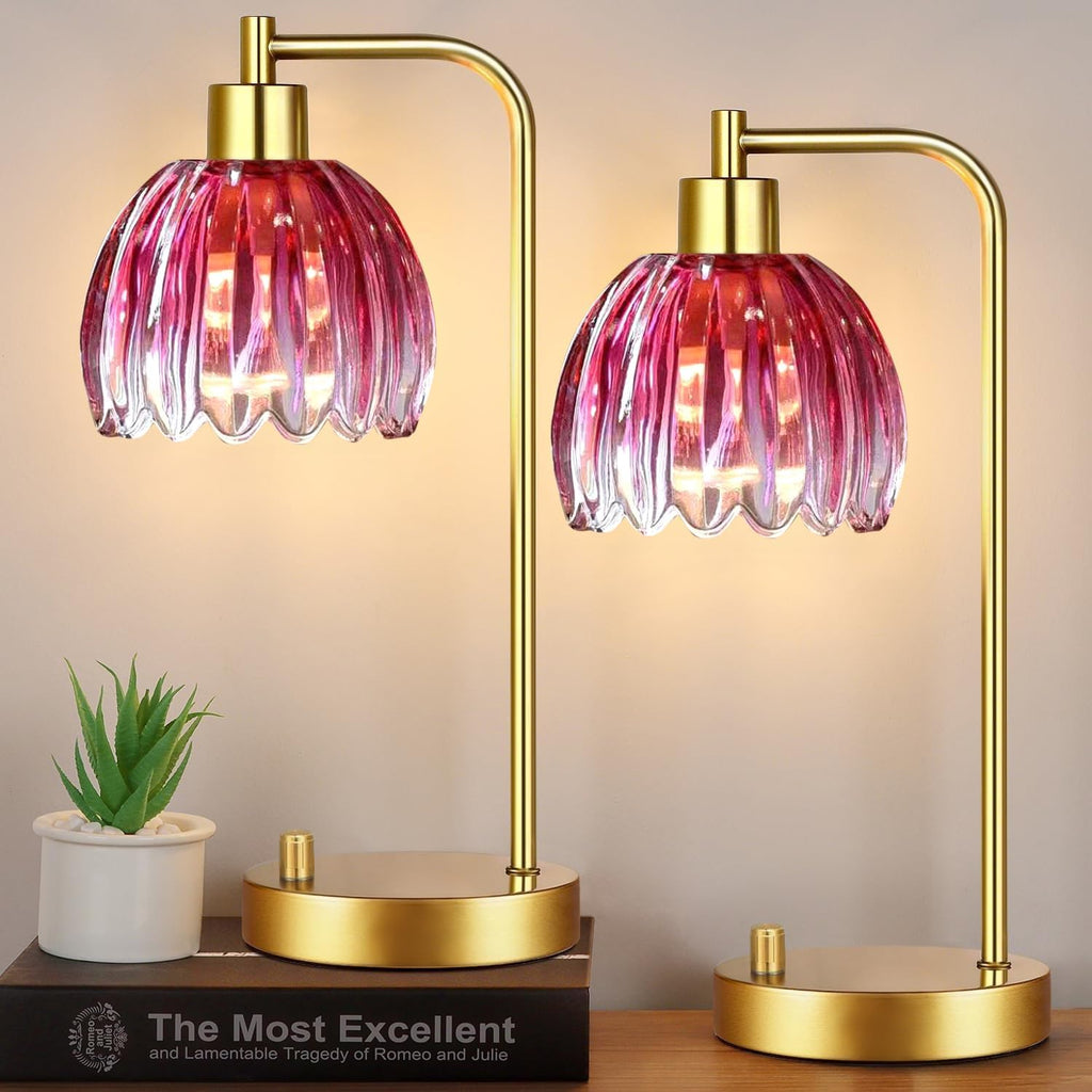 ILLMTW Pink Table Lamp Set of 2, Small Gold Bedside Lamps Dimmable Boho Bedroom Lamp with Tulip Flower Glass Lamp Shade, Vintage Mid…