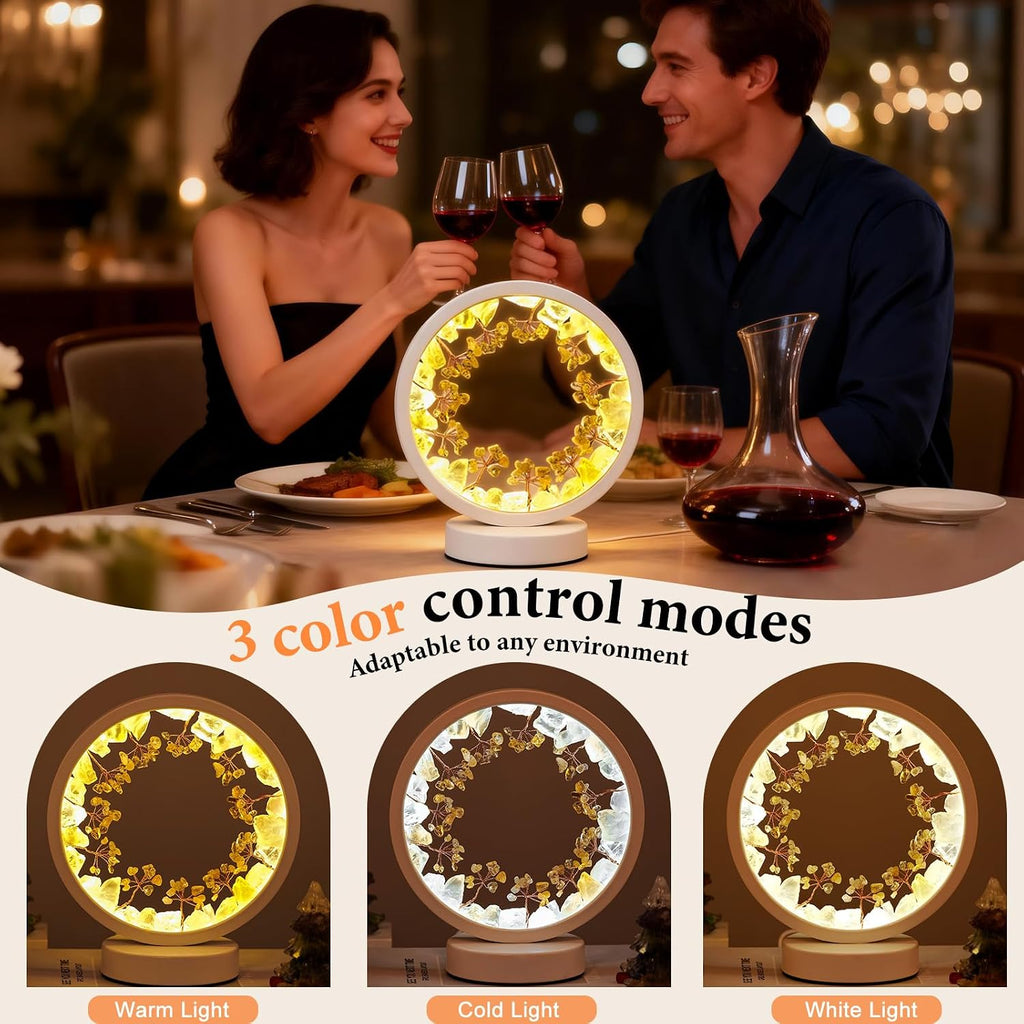 Runyangshi Natural Crystal Citrine Small Tree Round White Frame Tri-Color Ambient Light Home Decoration Night Light Healing Decor Gift