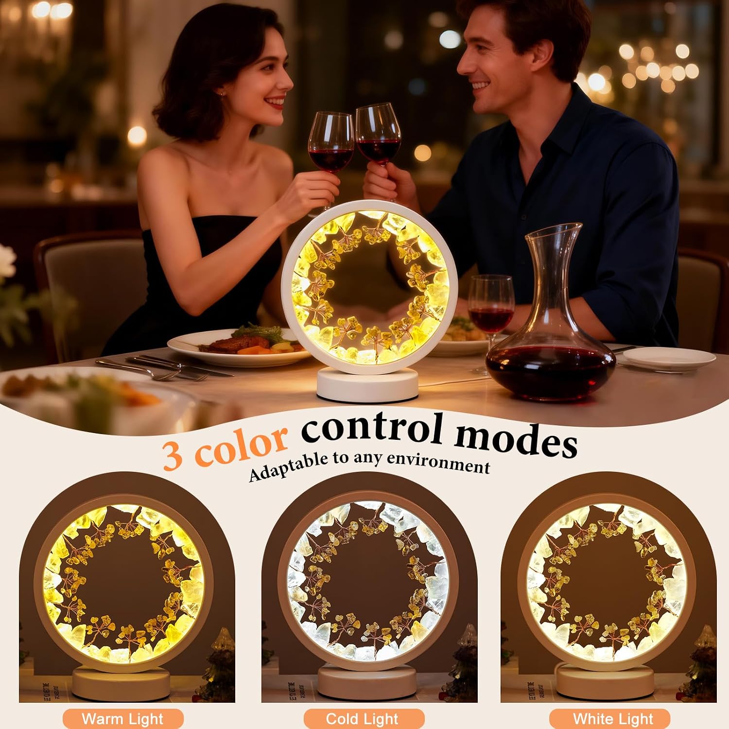 Runyangshi Natural Crystal Citrine Small Tree Round White Frame Tri-Color Ambient Light Home Decoration Night Light Healing Decor Gift