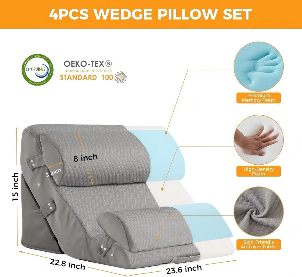 Ruqmuis 4PCS Wedge Pillow Set for After Surgery, Adjustable Back Pillow for Bed Sitting up, Acid Reflux, Bed Wedge Pillow Headboard for Sle…