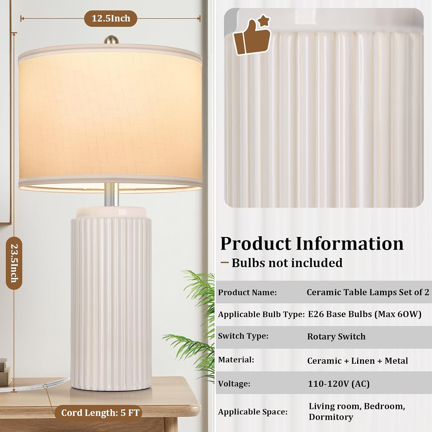 Tobusa 23.5’’ Beige Modern Ceramic Table Lamps Set of 2 for Living Room, Farmhouse Bedside Lamps with Upgraded White Linen Shade, Rustic Ni…