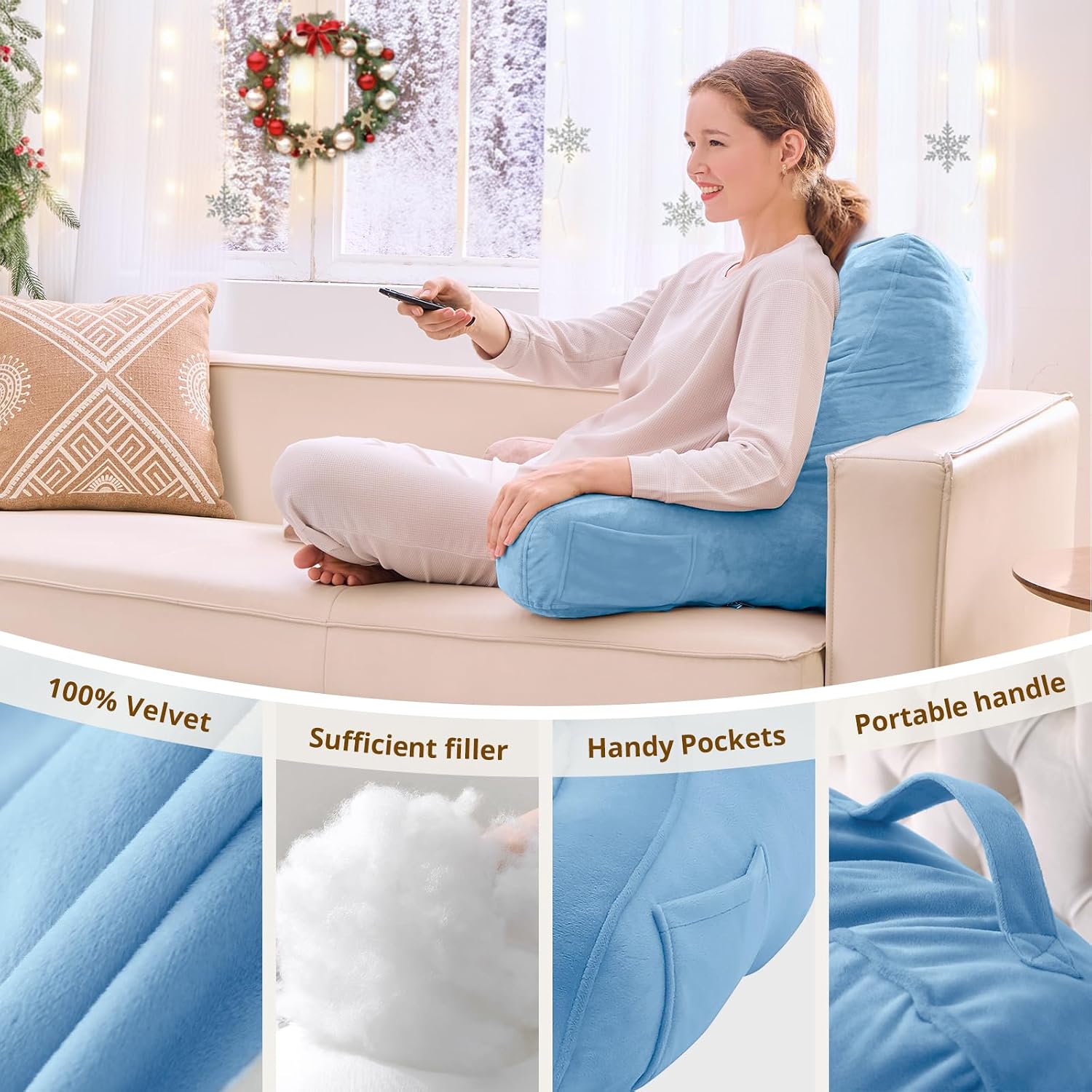 Sasttie Reading Pillow, Pillows for Reading or Relaxing – Ergonomic Support for Head, Neck, Back, and Lumbar, 21-Inch, Blue Blue