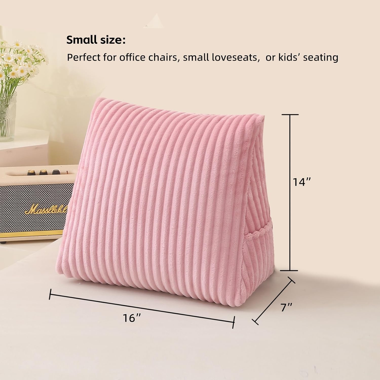 Corduroy Wedge Reading Pillow for Bed, 3 Sizes, 4 Colors for Bed, Sofa, Office Chair (Pink, Small 16 * 14 * 7in)