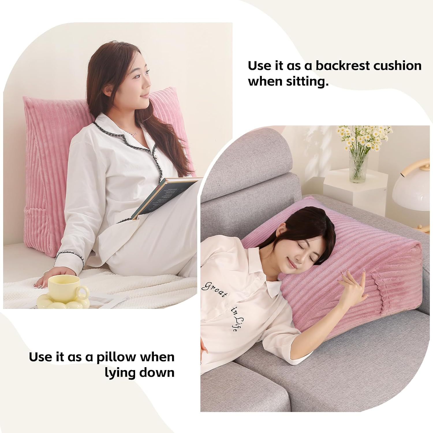 Corduroy Wedge Reading Pillow for Bed, 3 Sizes, 4 Colors for Bed, Sofa, Office Chair (Pink, Large 24 * 20 * 8in)