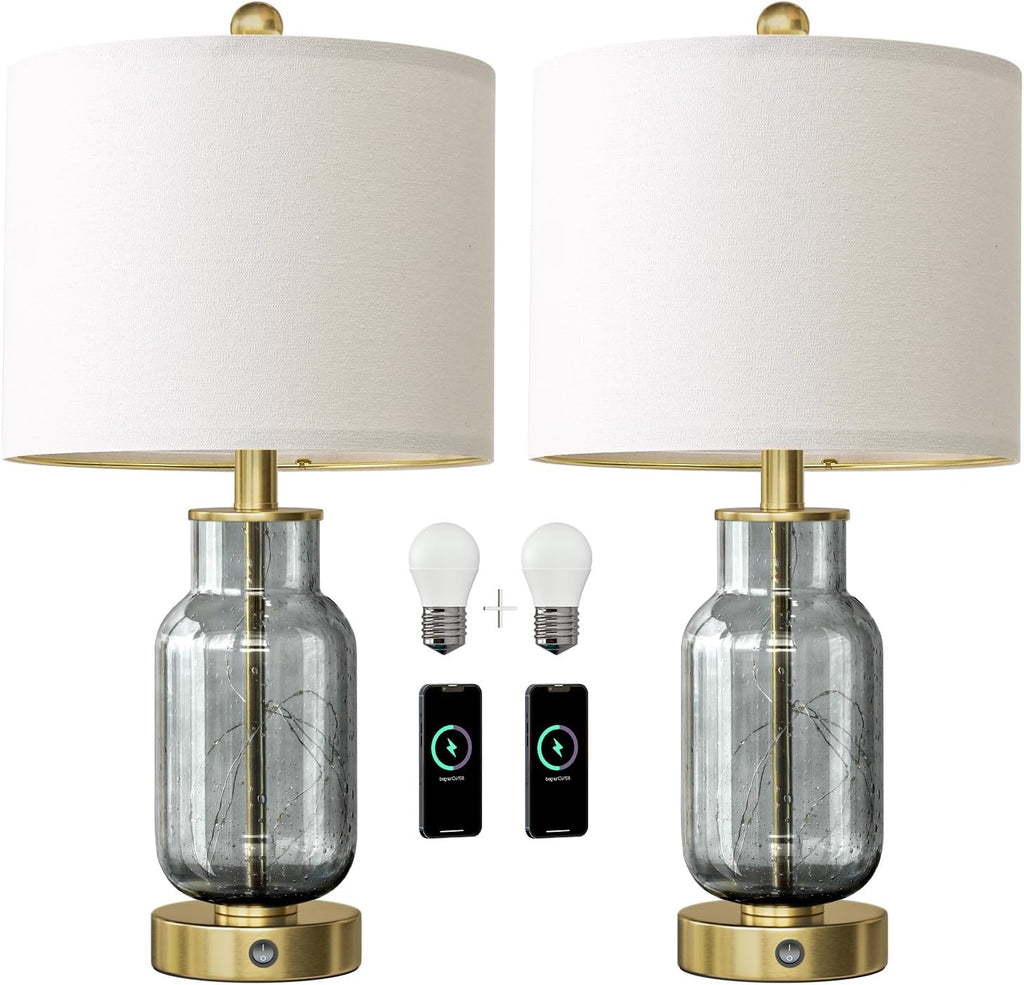 Oneach 22" Glass Table Lamps Set of 2, Gray Modern Bedside Lamp with LED Night Light for Living Room, Nightstand Lamp with USB Ports for Be…