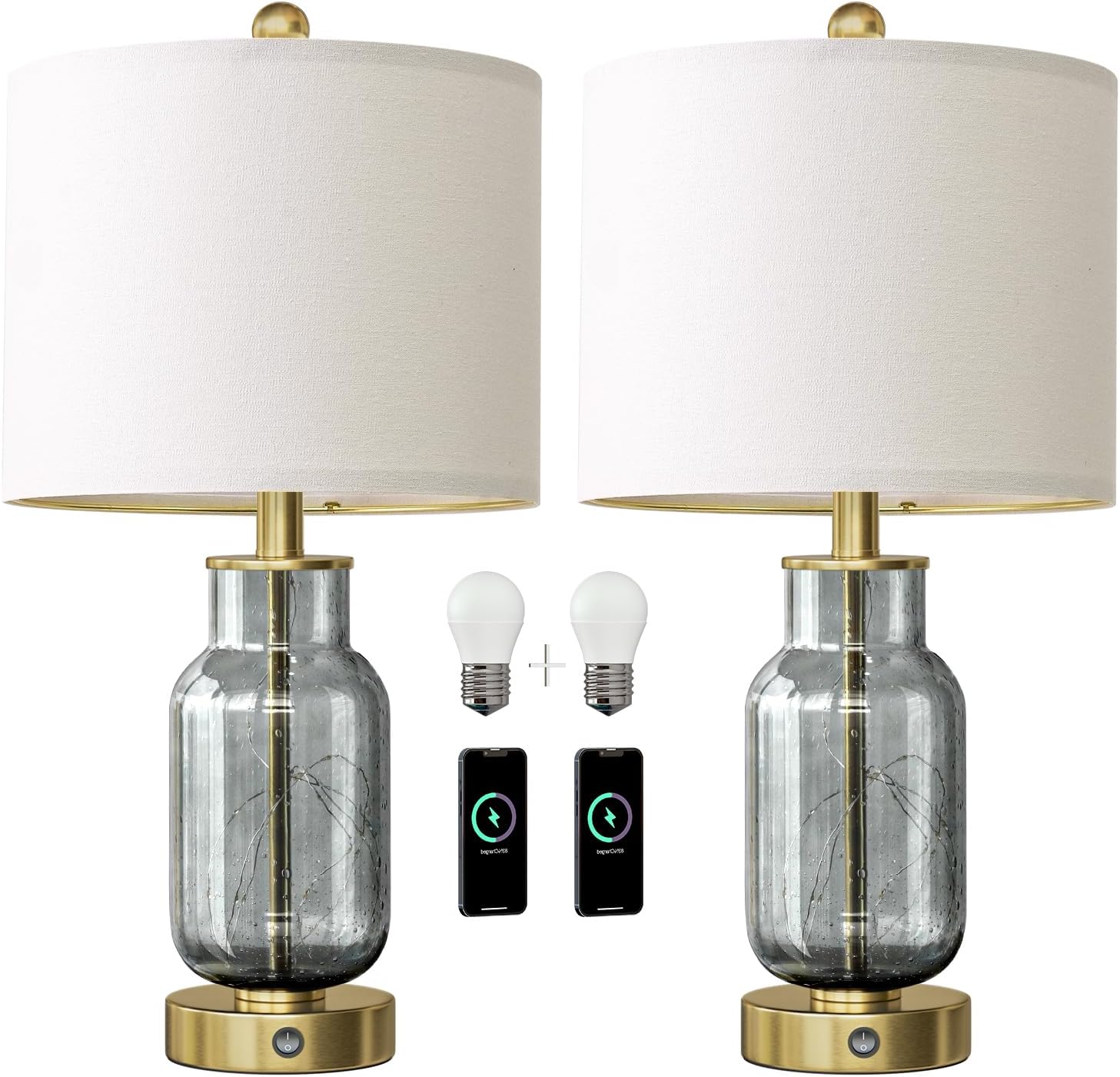 Oneach 22" Glass Table Lamps Set of 2, Gray Modern Bedside Lamp with LED Night Light for Living Room, Nightstand Lamp with USB Ports for Be…