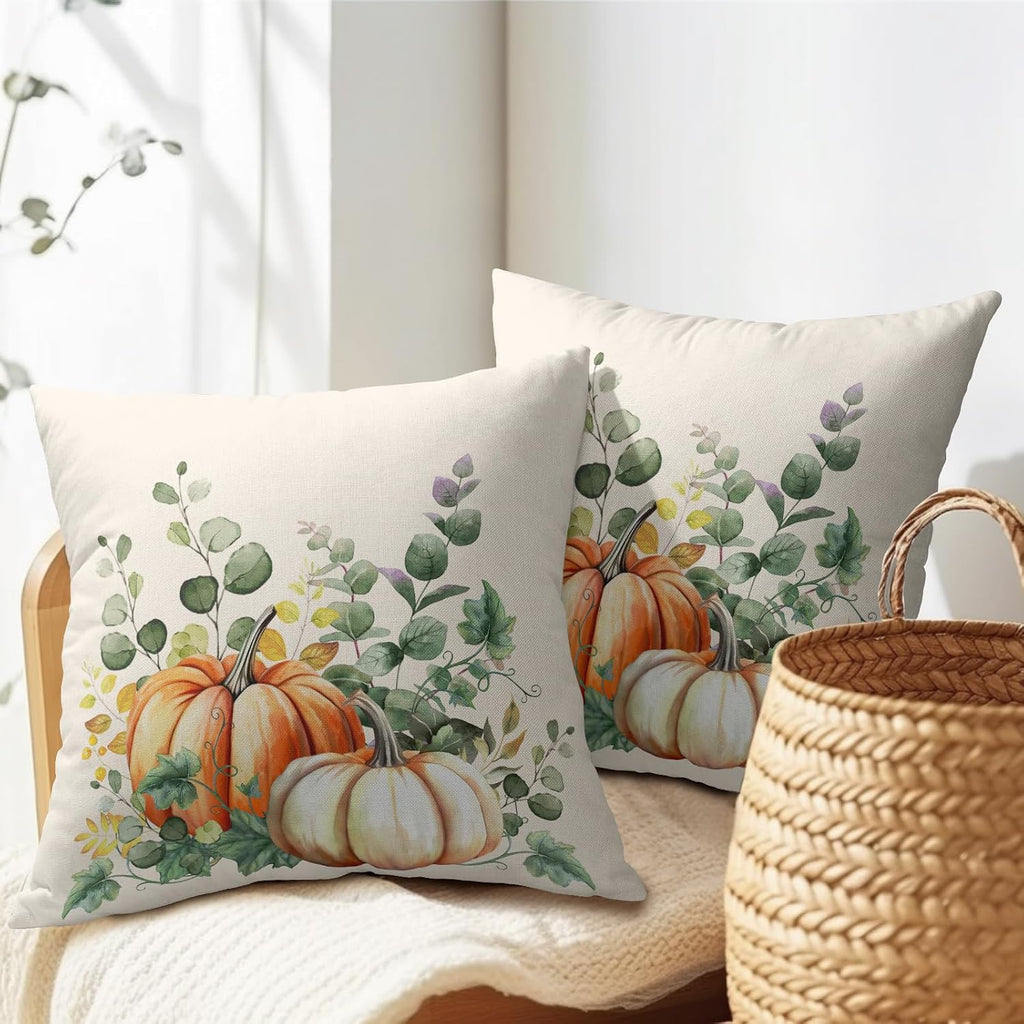 Fall Throw Pillow Cover 18x18 Inch Pack of 2 Autumn Watercolor Pumpkin Sage Green Leaf Outdoor Pillow Protector Thanksgiving Sofa Cotton…