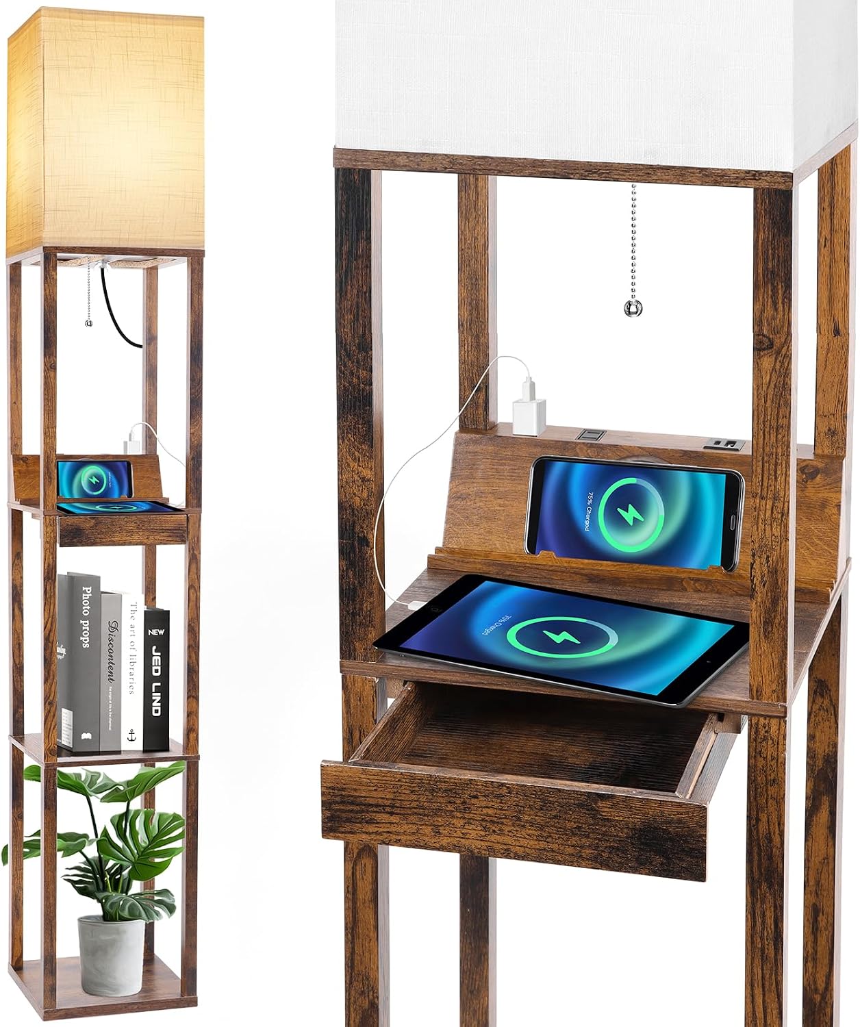 RUNTOP Floor Lamp with Shelves, Shelf Floor Lamp with Wireless Charger & 2 Charging USB Ports & Drawer, AC Outlet, 3 Color Temperature…