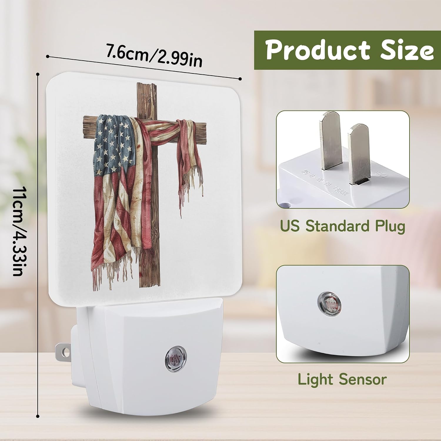 Patriotic Rustic Cross Night Lights Plug into Wall, Night Light for Bedroom Bathroom Hallway Kitchen, Auto Dusk to Dawn Sensor Decorative…