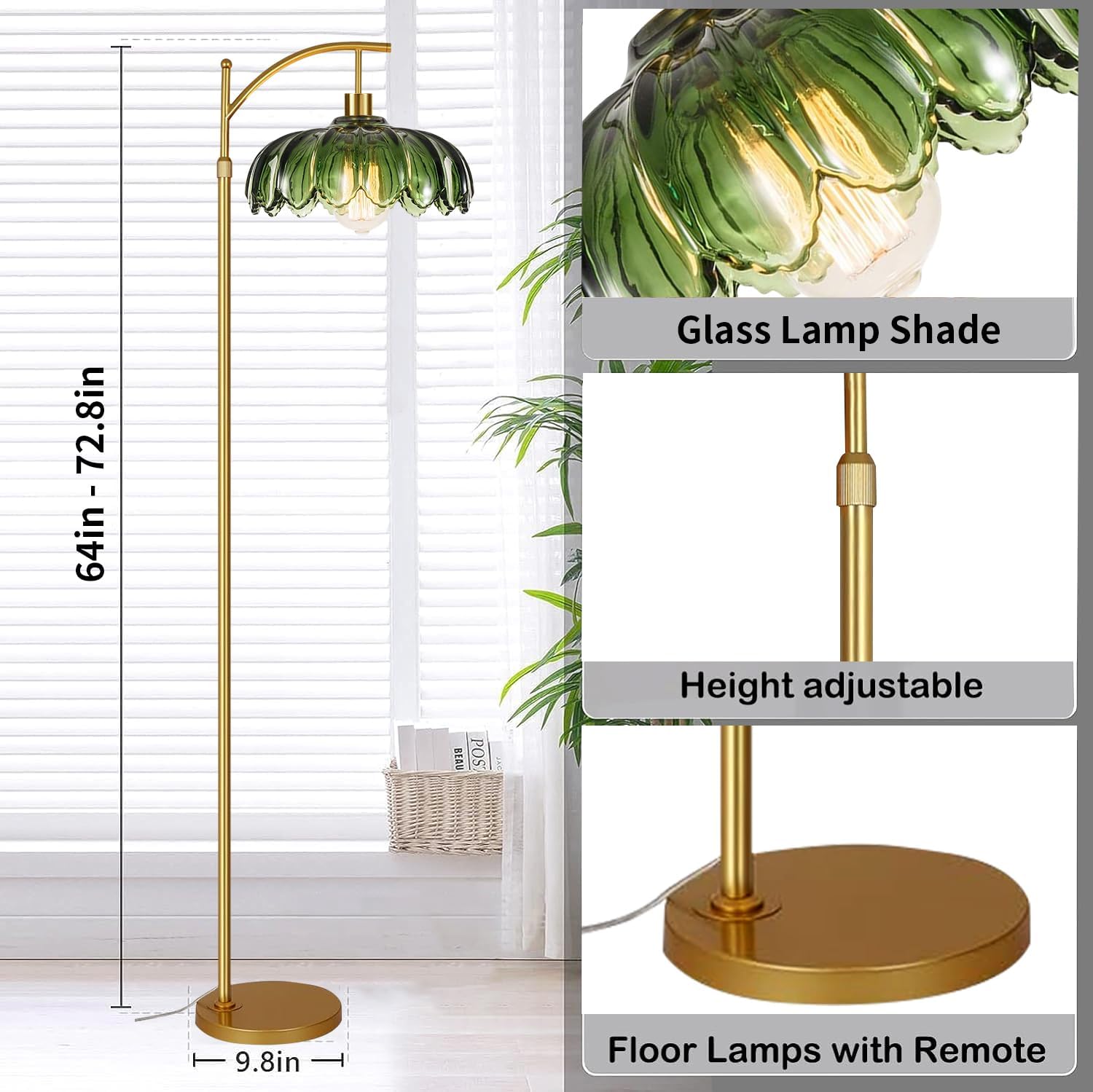 ZECOXOL Gold Floor Lamps for Living Room Vintage Green Floor Lamp with Remote Control & Glass Lampshape, Dimmable Mid Century Modern…