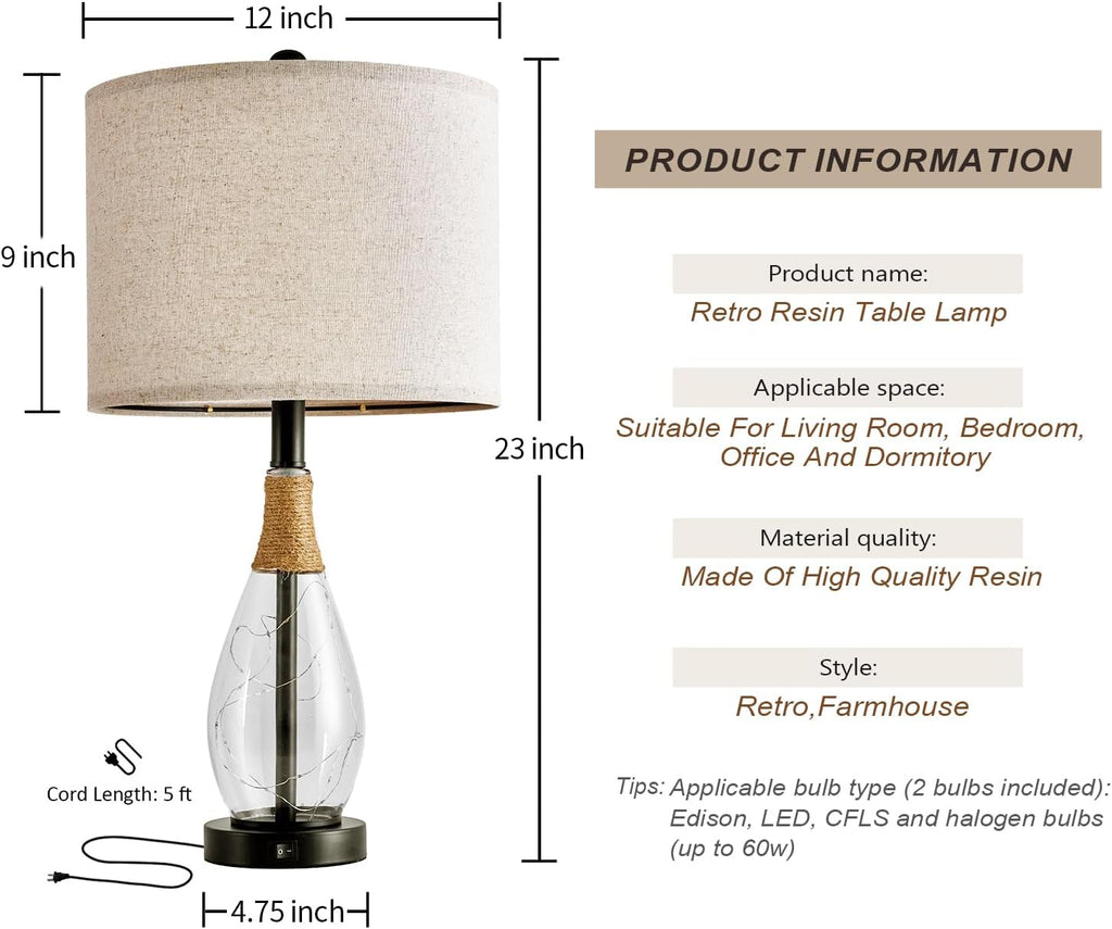 OYEARS 23" Table Lamps for Living Room Set of 2 Bedside Lamps for Night Stands Bedroom Lamps Farmhouse Rattan Boho Lamp Glass Nightlight…