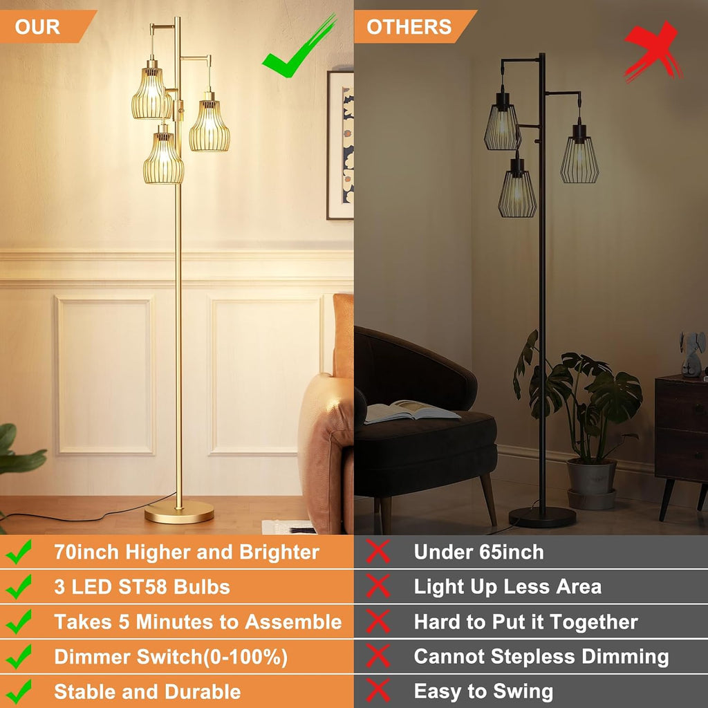Ziisee Dimmable Gold Floor Lamps for Living Room, 70" Farmhouse Tree Standing Tall Lamps with 3 Elegant Cage Shade & 800 Lumens LED Bulbs…