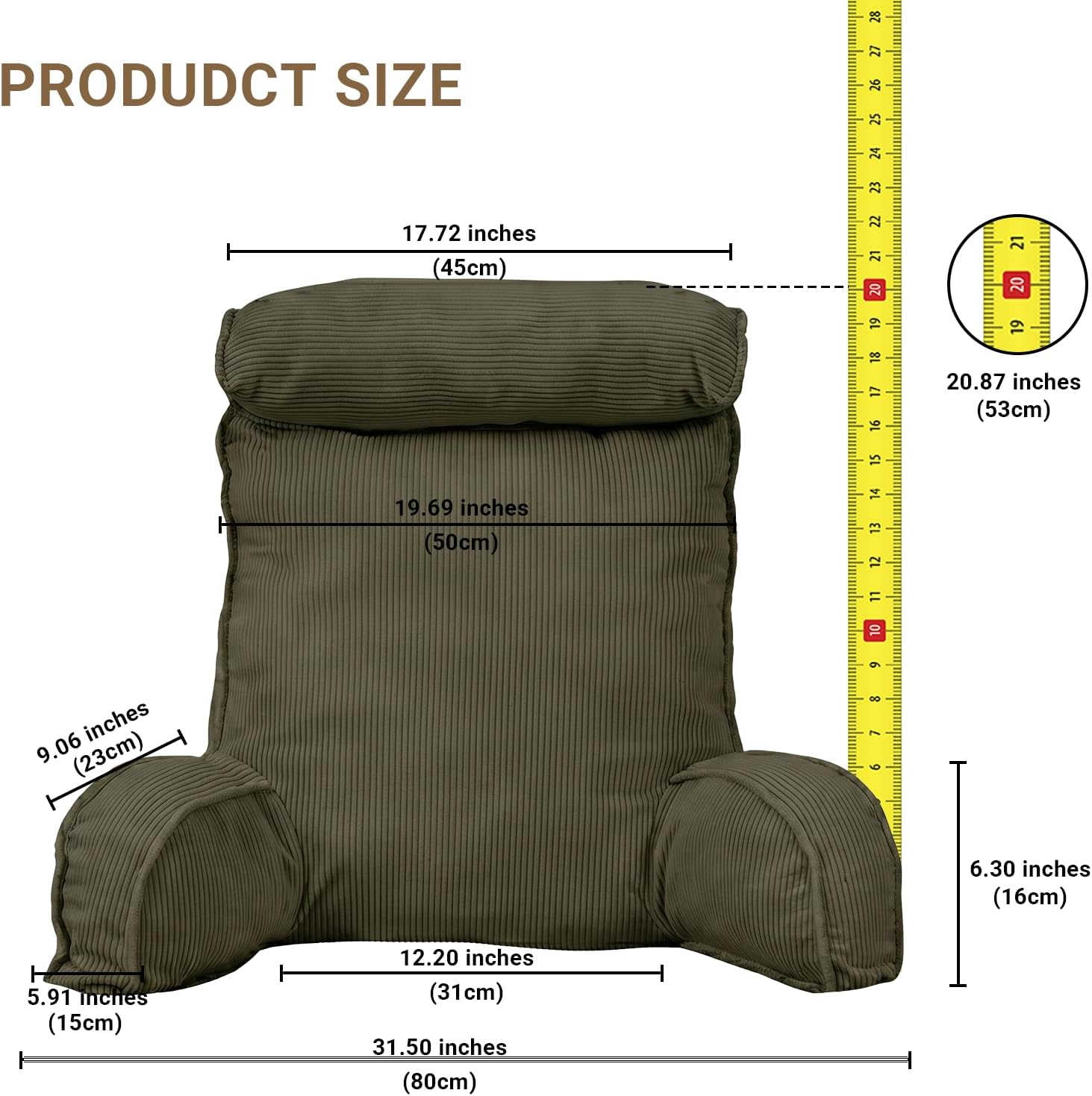 Reading Pillow for Bed with Detachable Neck Roll and Shredded Memory Foam, Back Pillow with Arms for Sitting Up, Washable Bed Rest Pillow…