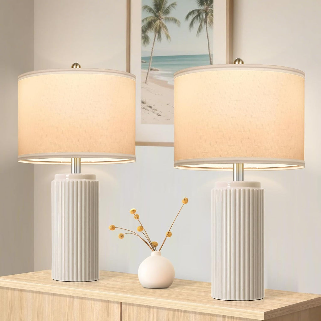 Tobusa 23.5’’ Beige Modern Ceramic Table Lamps Set of 2 for Living Room, Farmhouse Bedside Lamps with Upgraded White Linen Shade, Rustic Ni…